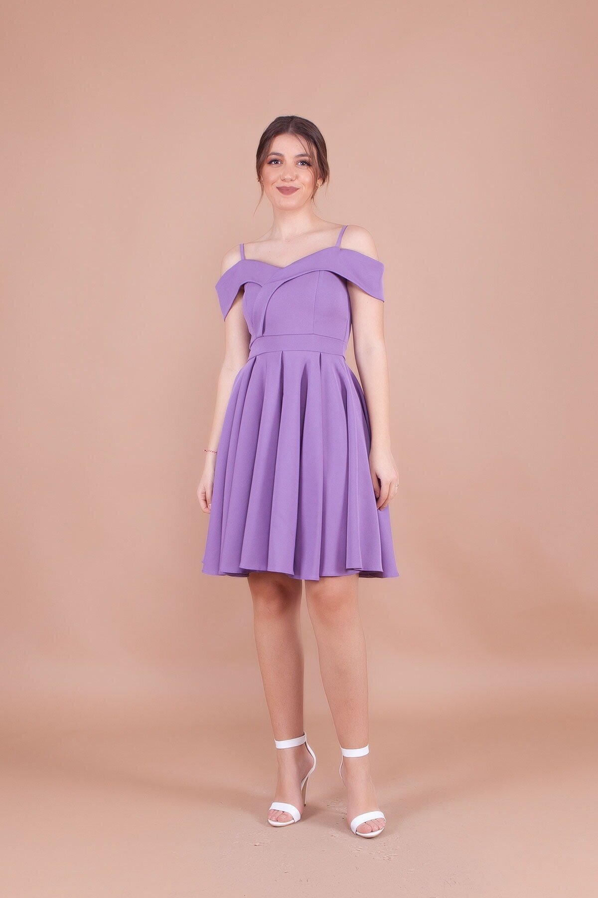Mini Pleated Strappy Drop-Shoulder Evening Dress - Lilac - Bidoluelbise