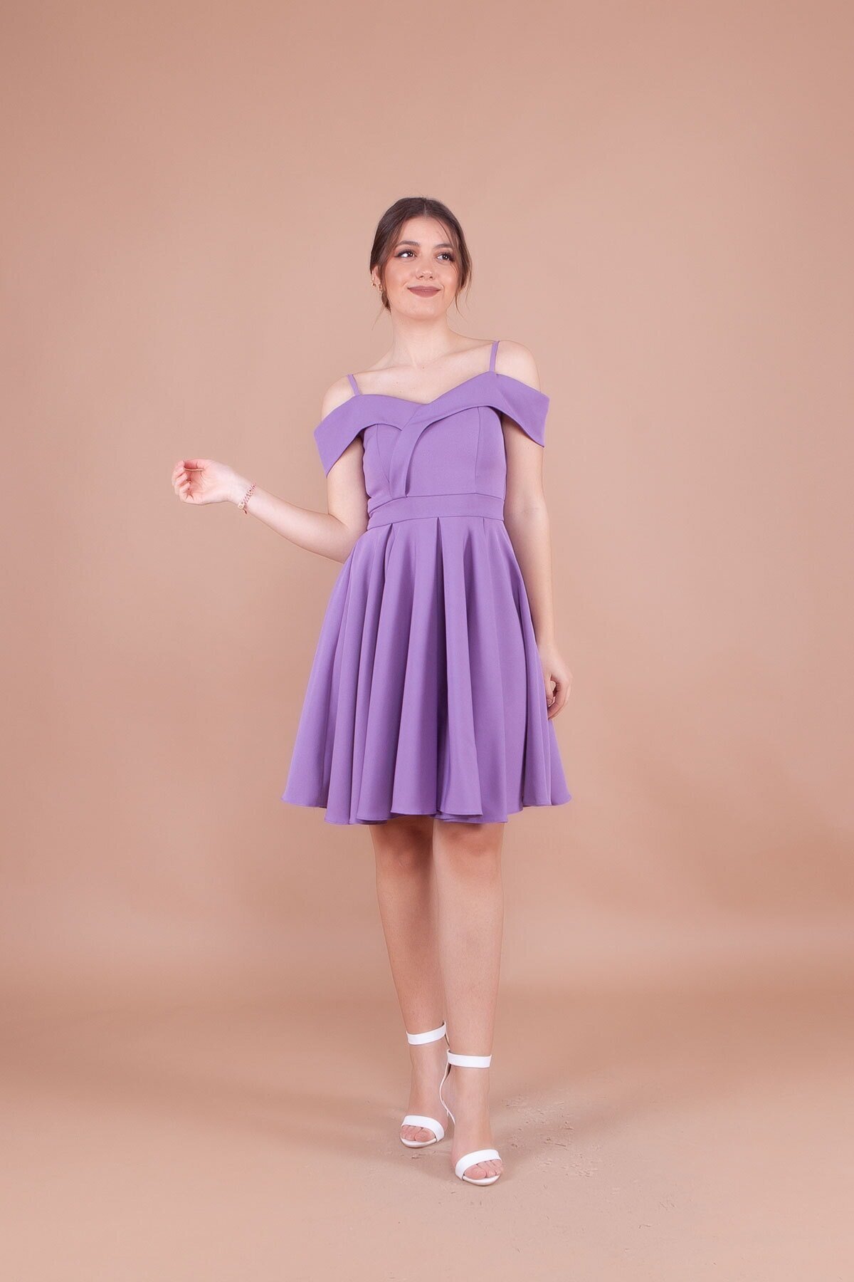 Mini Pleated Strappy Drop-Shoulder Evening Dress - Lilac - Bidoluelbise
