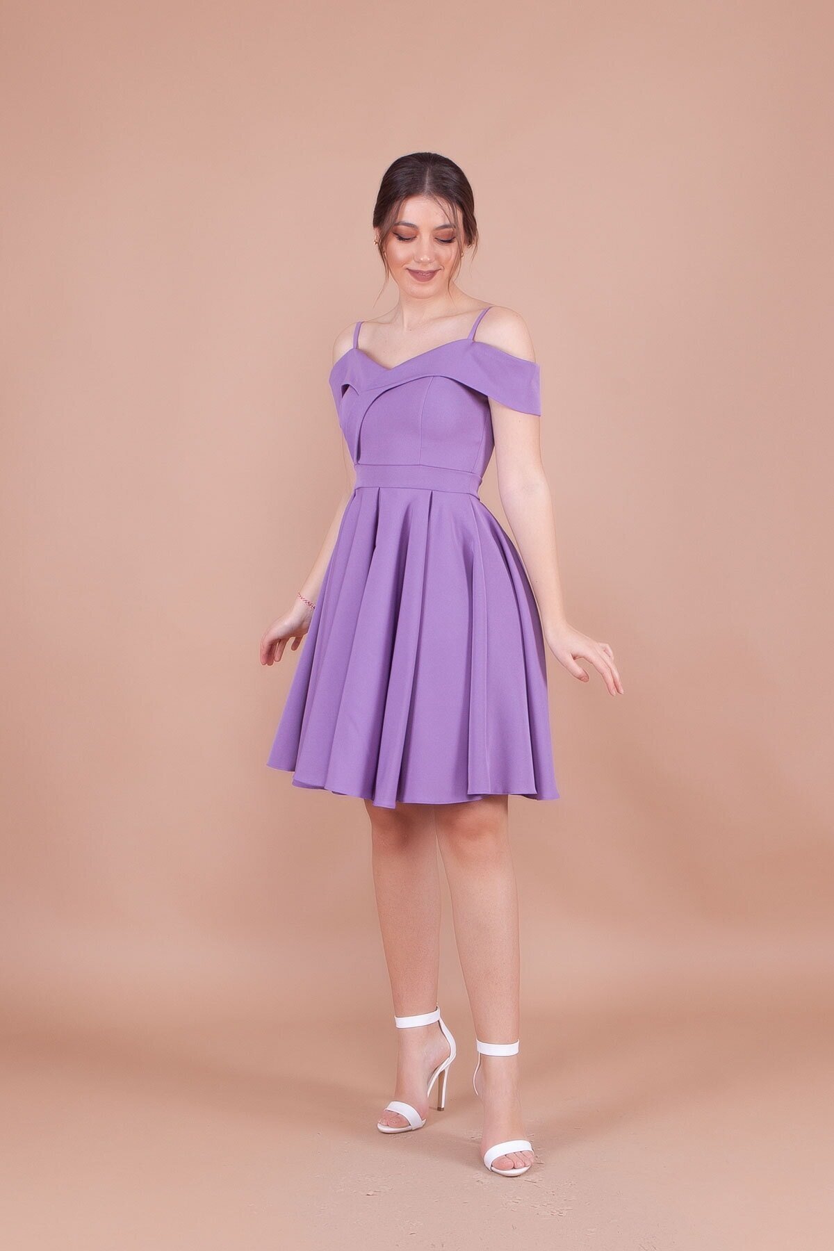 Mini Pleated Strappy Drop-Shoulder Evening Dress - Lilac - Bidoluelbise