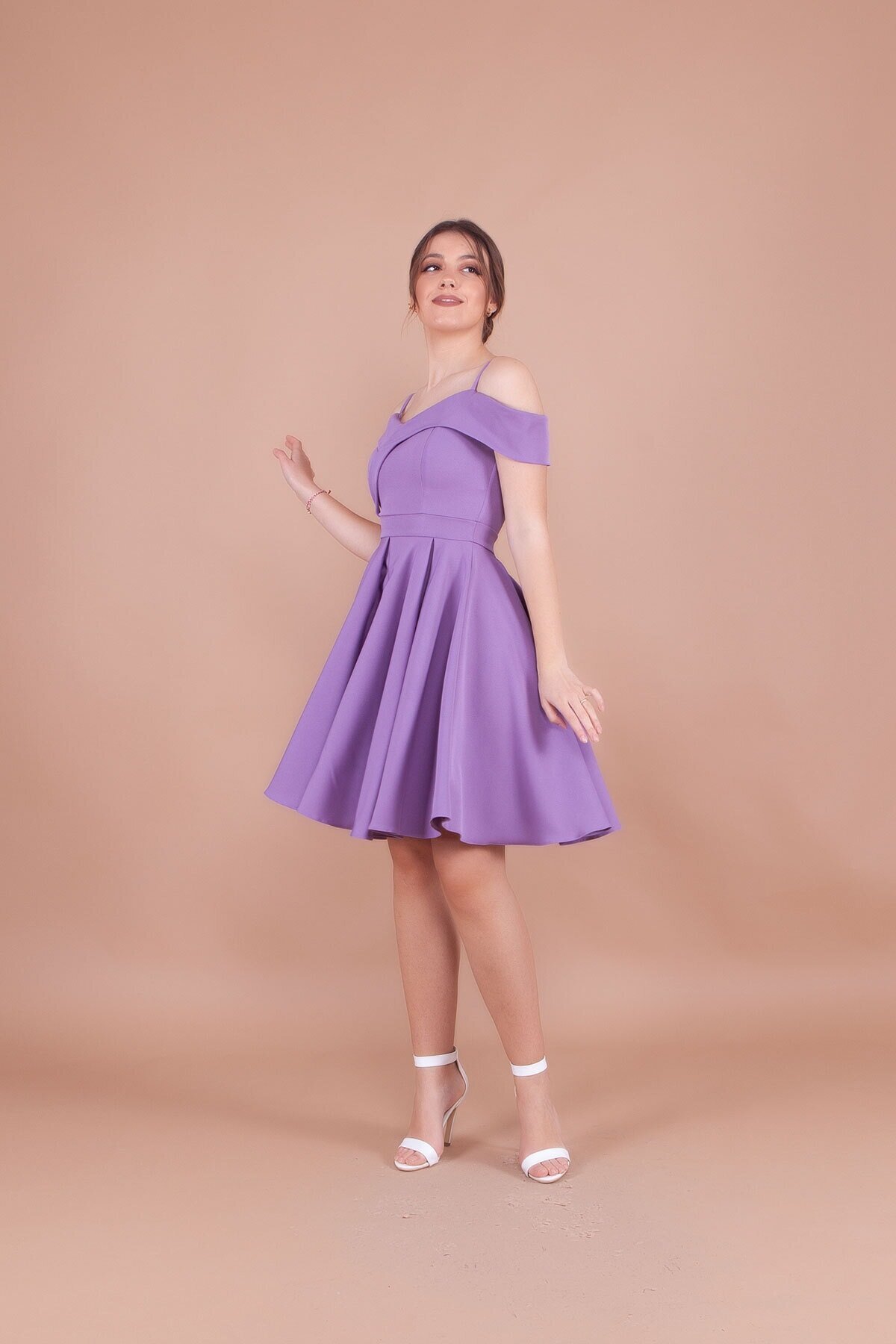 Mini Pleated Strappy Drop-Shoulder Evening Dress - Lilac - Bidoluelbise