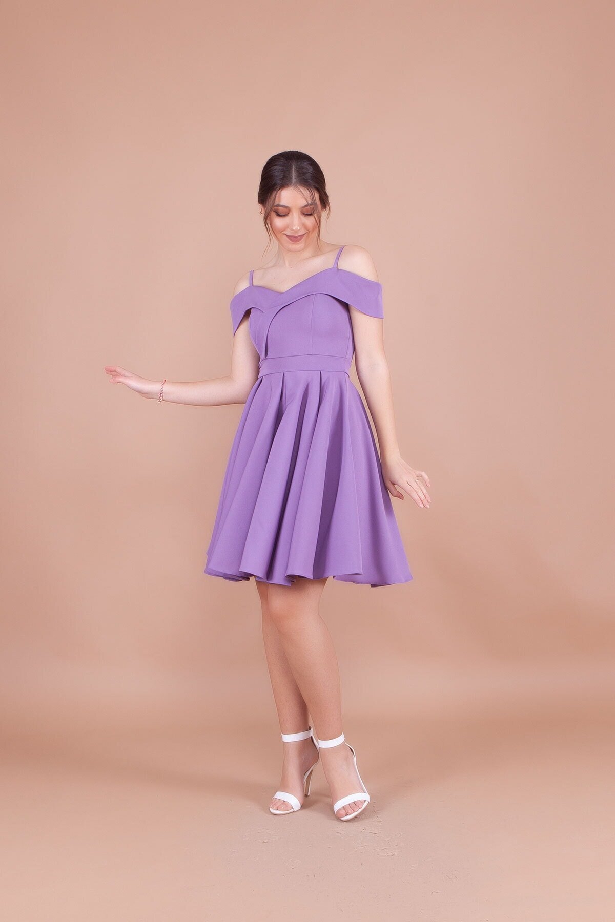 Mini Pleated Strappy Drop-Shoulder Evening Dress - Lilac - Bidoluelbise