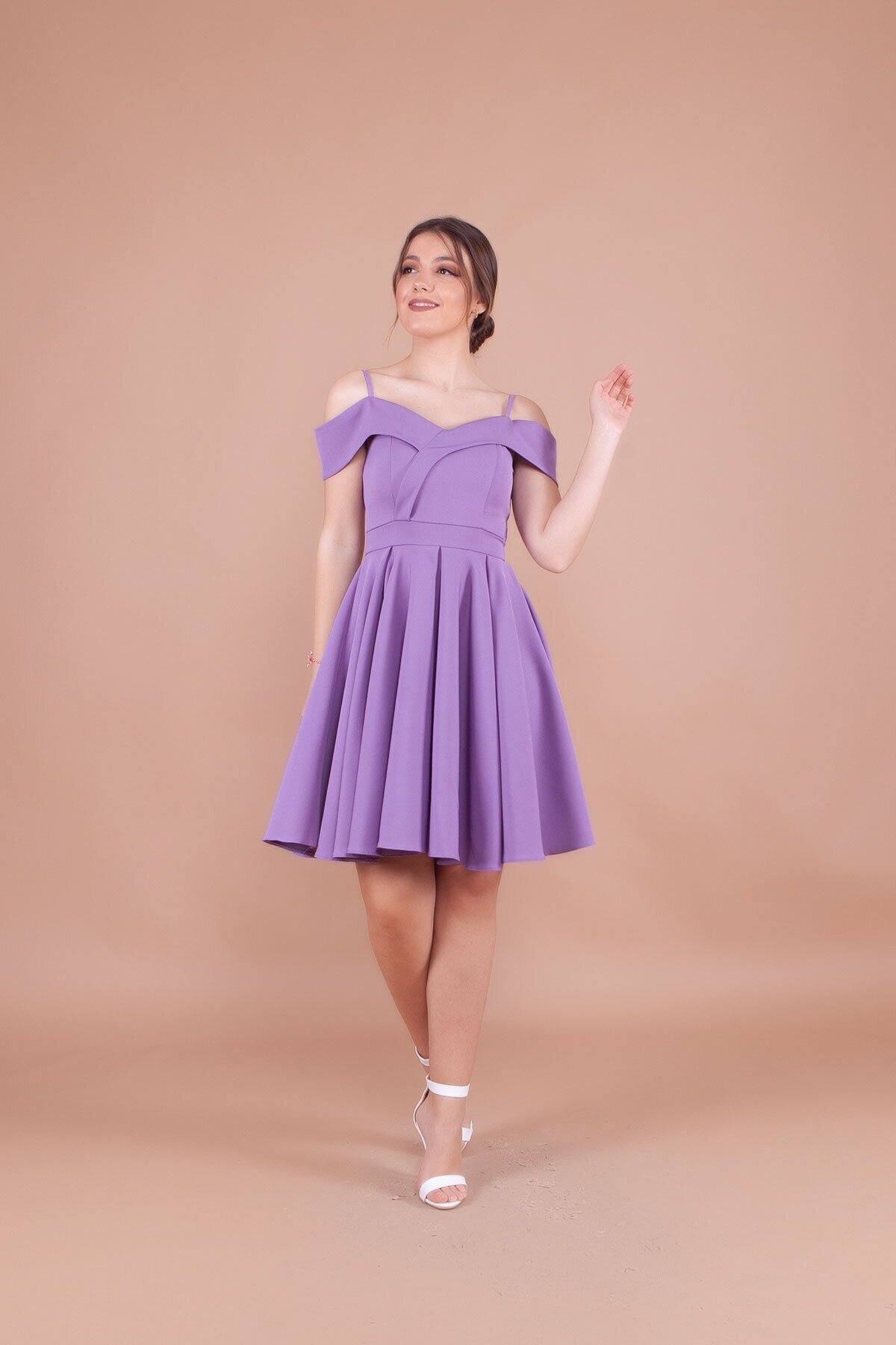 Mini Pleated Strappy Drop-Shoulder Evening Dress - Lilac - Bidoluelbise