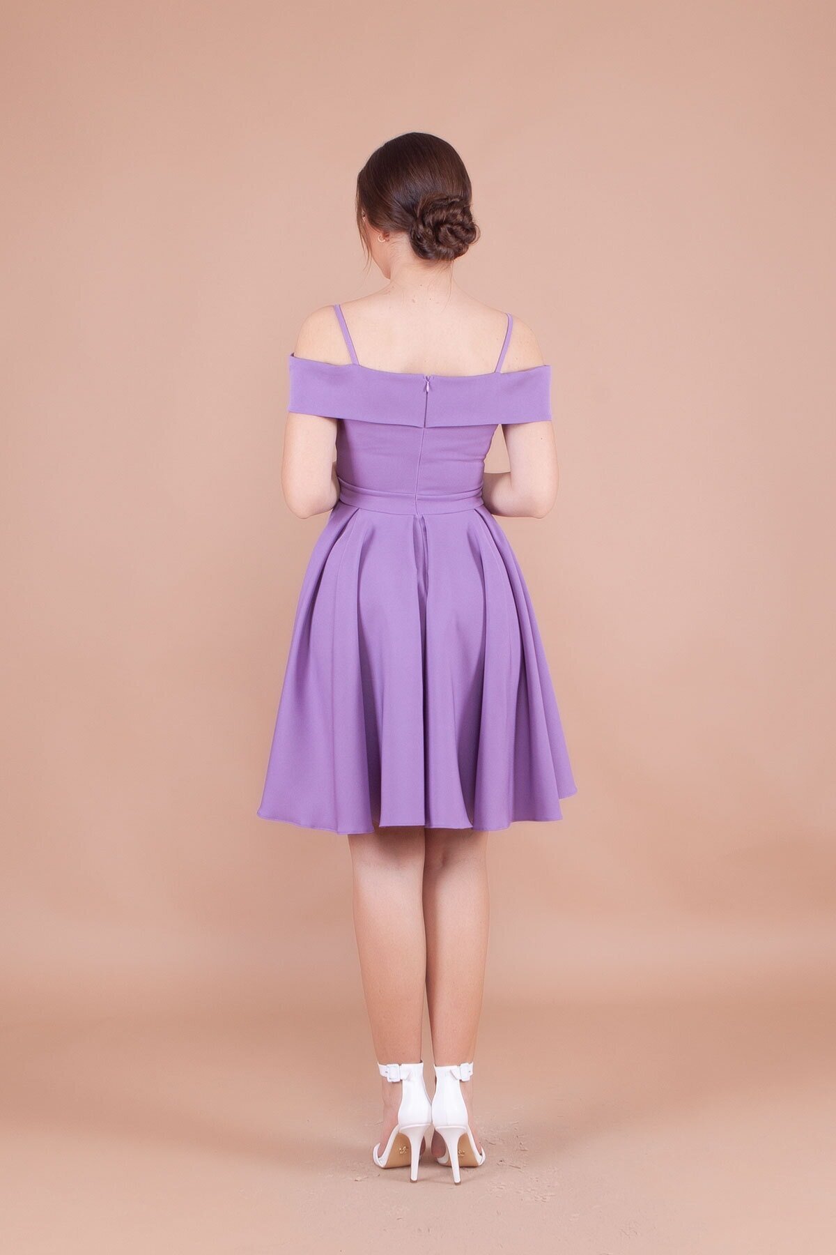 Mini Pleated Strappy Drop-Shoulder Evening Dress - Lilac - Bidoluelbise