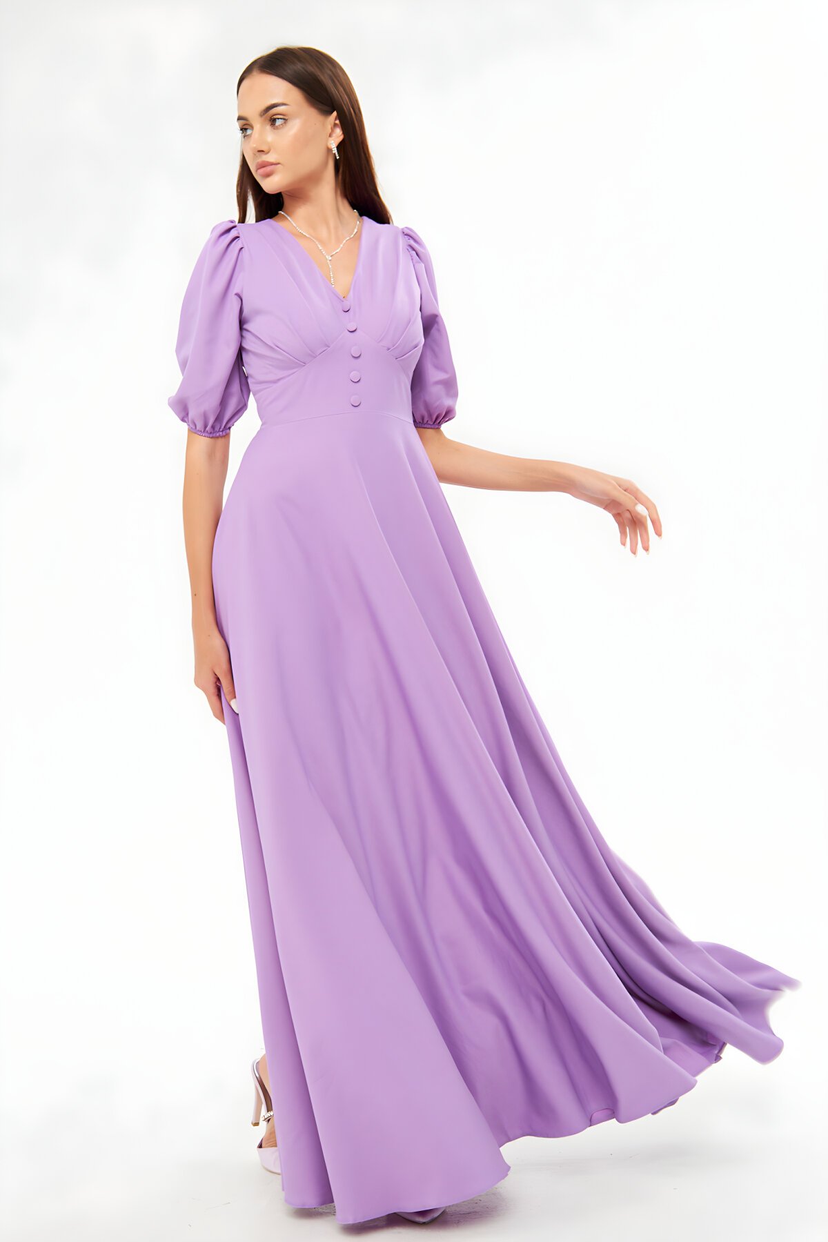 Long Balloon Sleeve V-Neck Corset Belt Detail Evening Dress - Lilac - Bidoluelbise