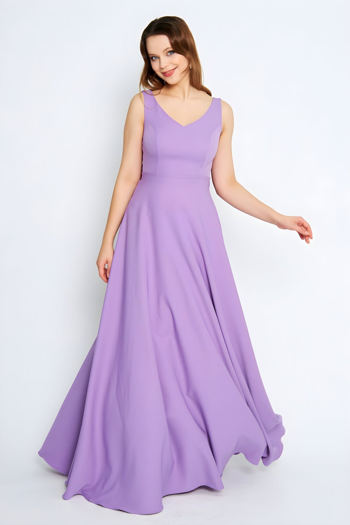 Long Flared V-Neck Back Bow Evening Dress - Lilac - Bidoluelbise