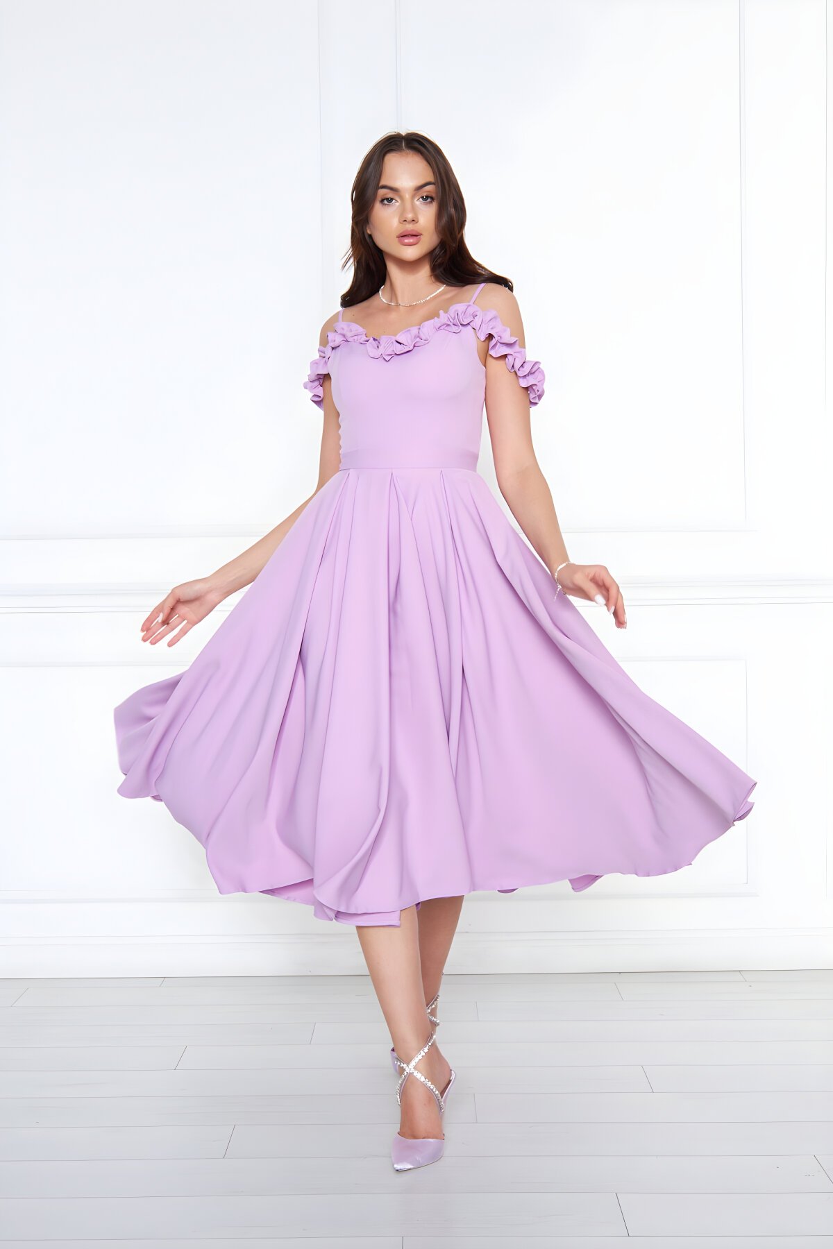 Midi Flared Pleated Adjustable Strappy Ruffle-Neck Evening Dress - Lilac - Bidoluelbise