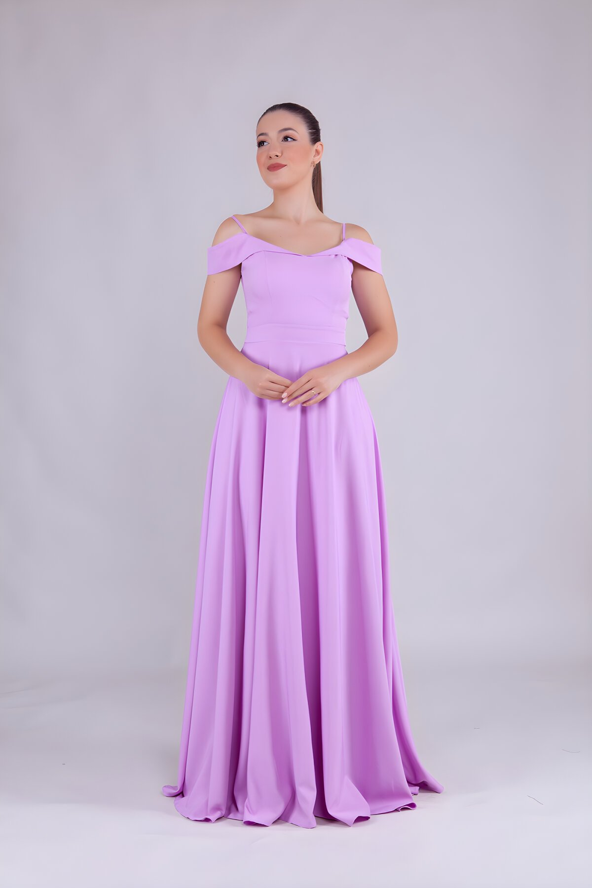 Long Strappy Strapless Shoulder Detail Evening Dress - Lilac - Bidoluelbise