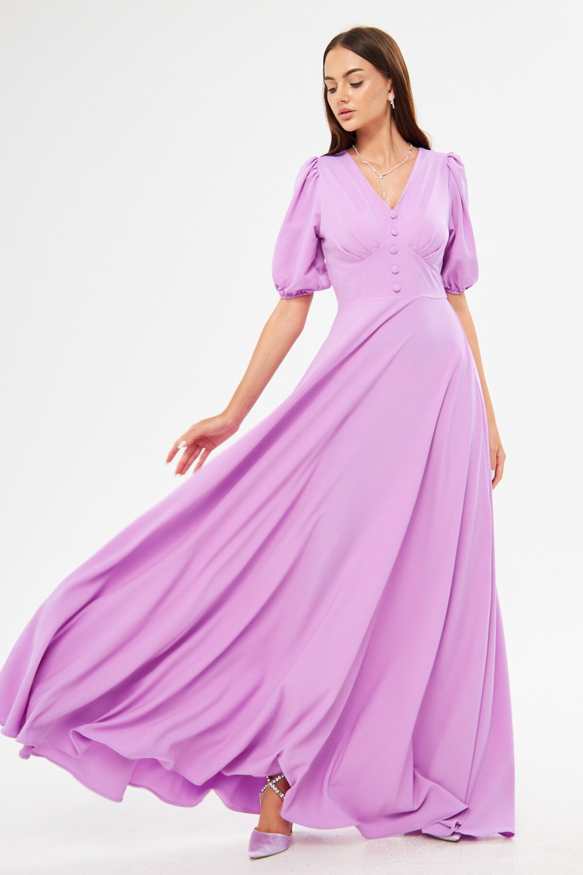 فستان سهرة طويل ليلكي بأكمام بالون وياقة V وتفاصيل حزام كورسيه - Bidoluelbise