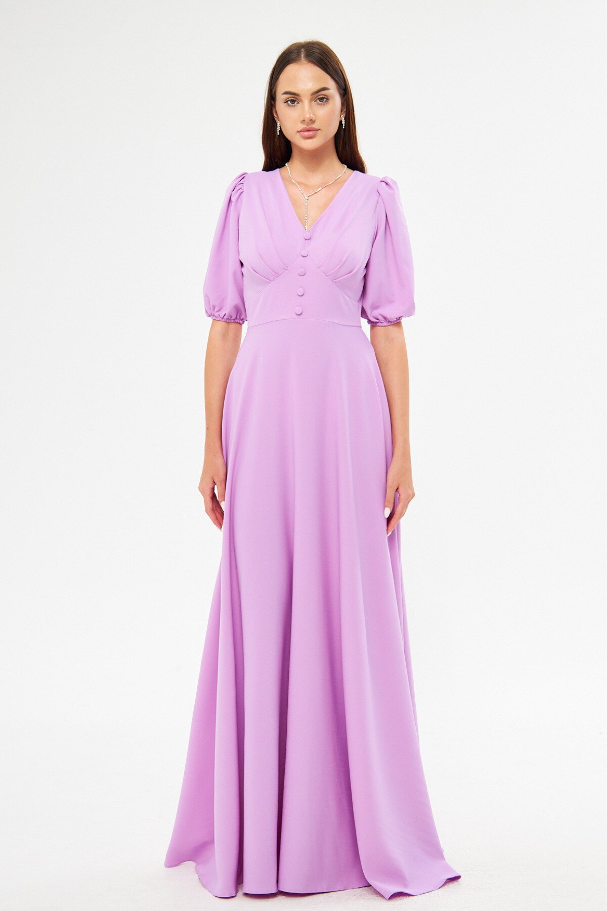Long Balloon Sleeve V-Neck Corset Belt Detail Evening Dress - Lilac - Bidoluelbise