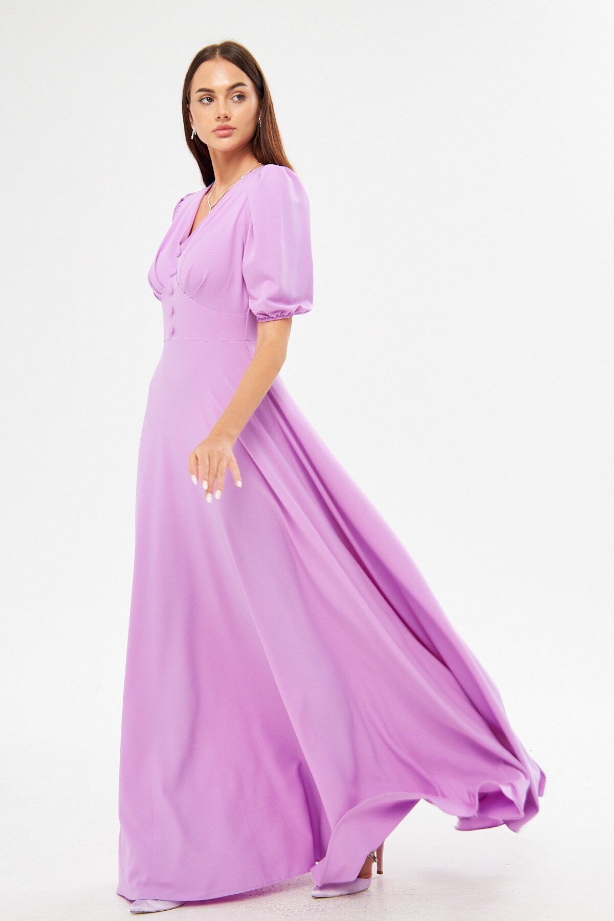 Long Balloon Sleeve V-Neck Corset Belt Detail Evening Dress - Lilac - Bidoluelbise