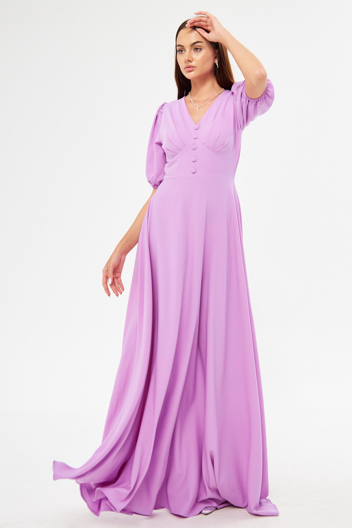 Long Balloon Sleeve V-Neck Corset Belt Detail Evening Dress - Lilac - Bidoluelbise