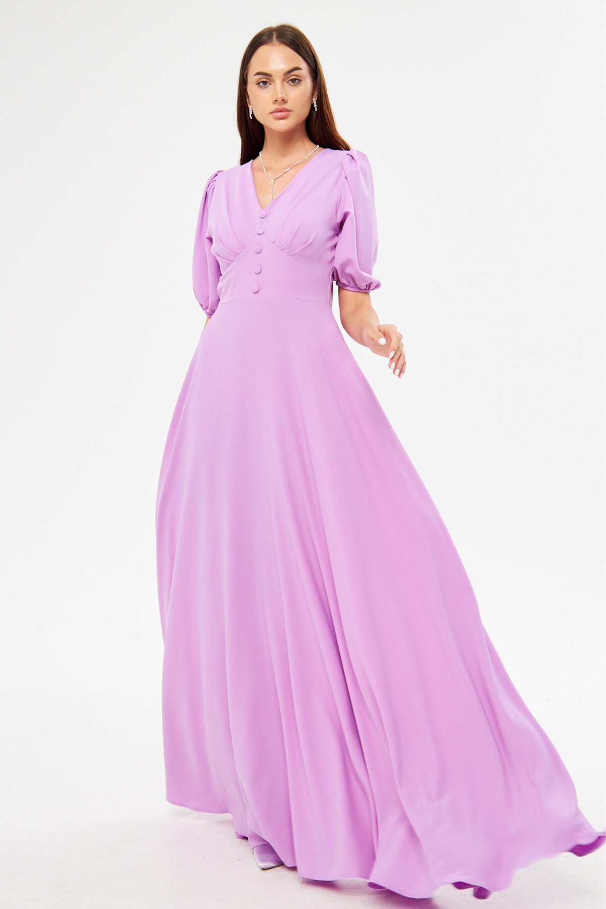 Long Balloon Sleeve V-Neck Corset Belt Detail Evening Dress - Lilac - Bidoluelbise