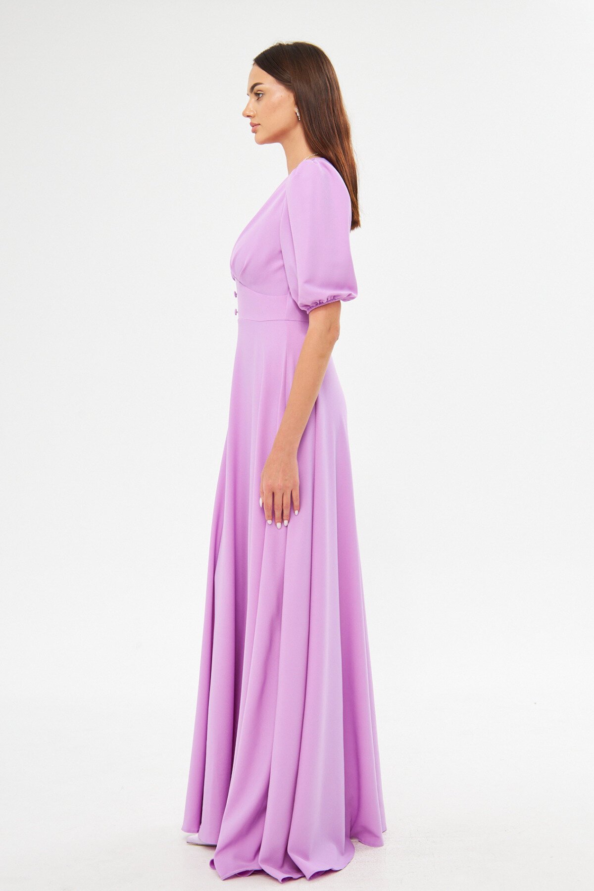 Long Balloon Sleeve V-Neck Corset Belt Detail Evening Dress - Lilac - Bidoluelbise