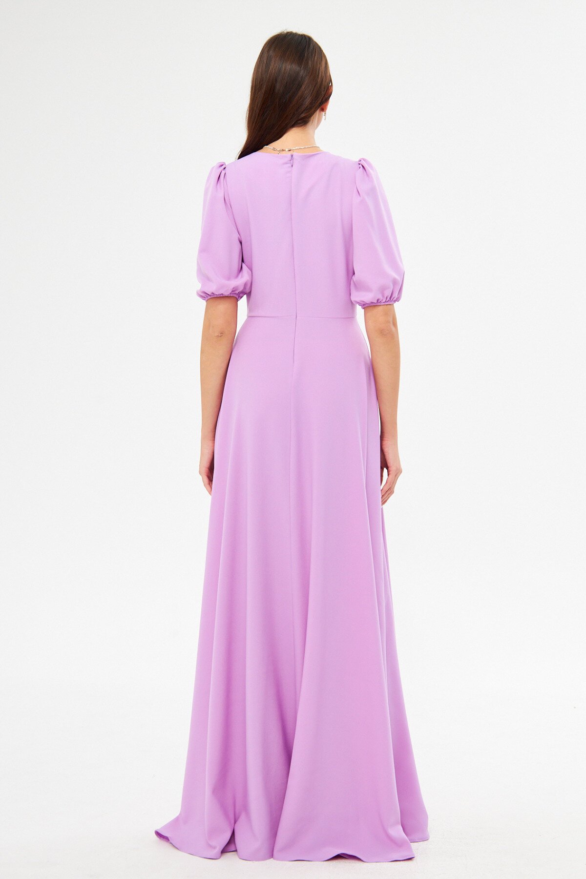 Long Balloon Sleeve V-Neck Corset Belt Detail Evening Dress - Lilac - Bidoluelbise
