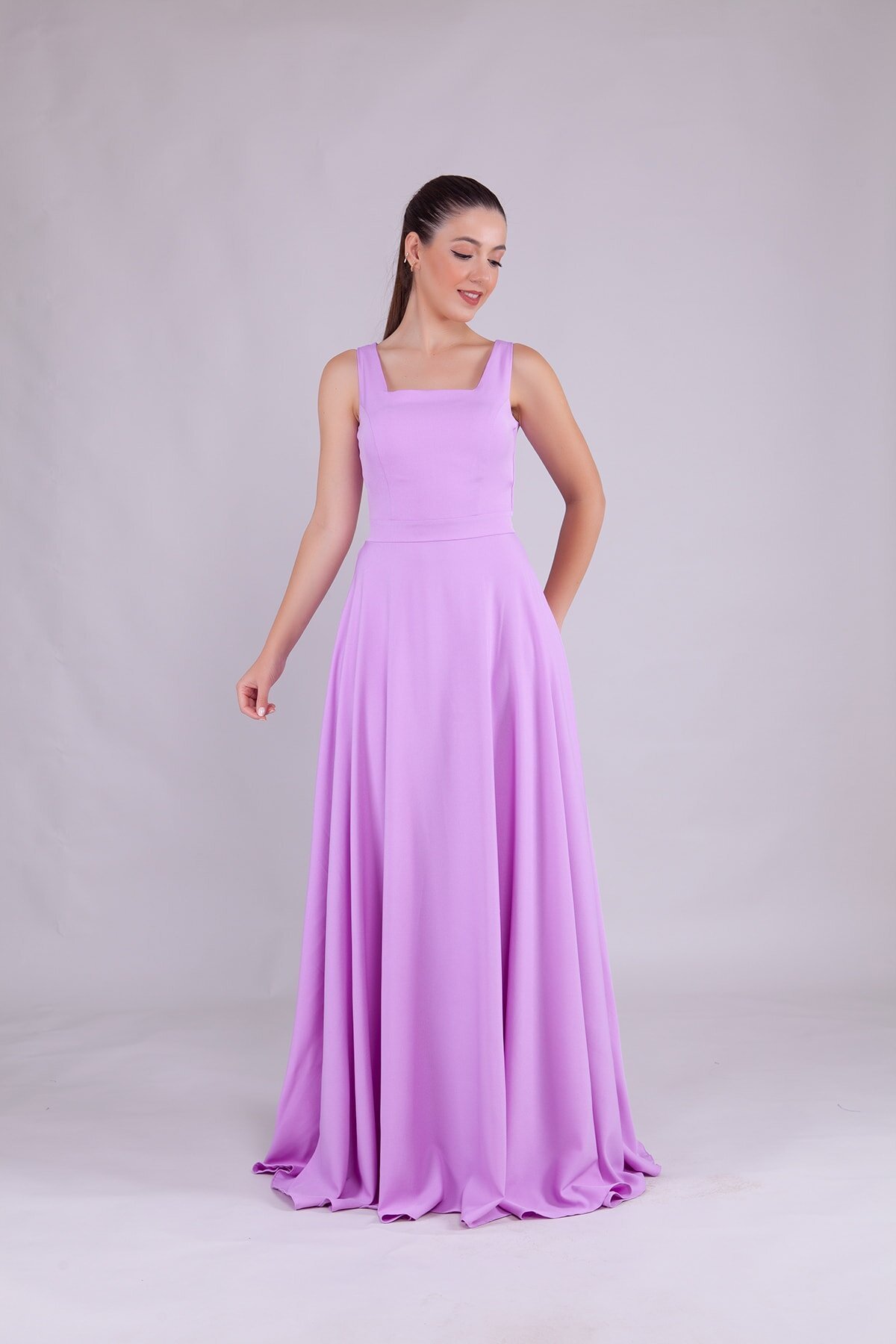 Long Square Neck Evening Dress - Lilac - Bidoluelbise