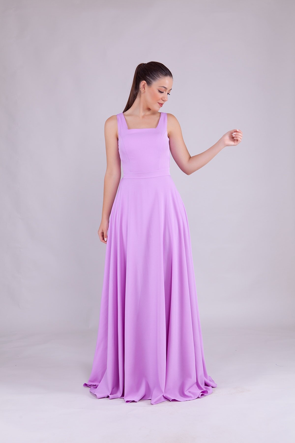 Long Square Neck Evening Dress - Lilac - Bidoluelbise
