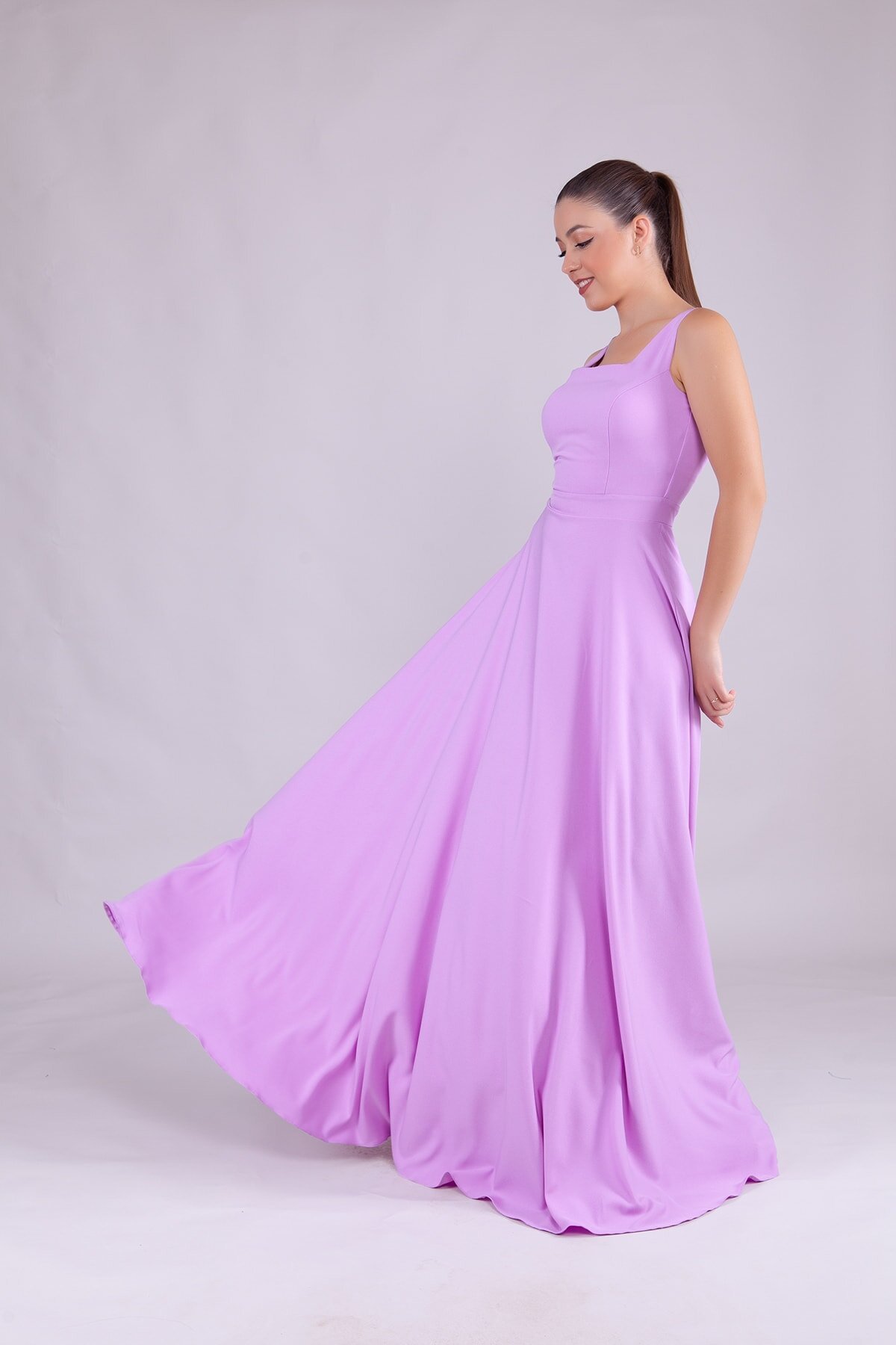 Long Square Neck Evening Dress - Lilac - Bidoluelbise