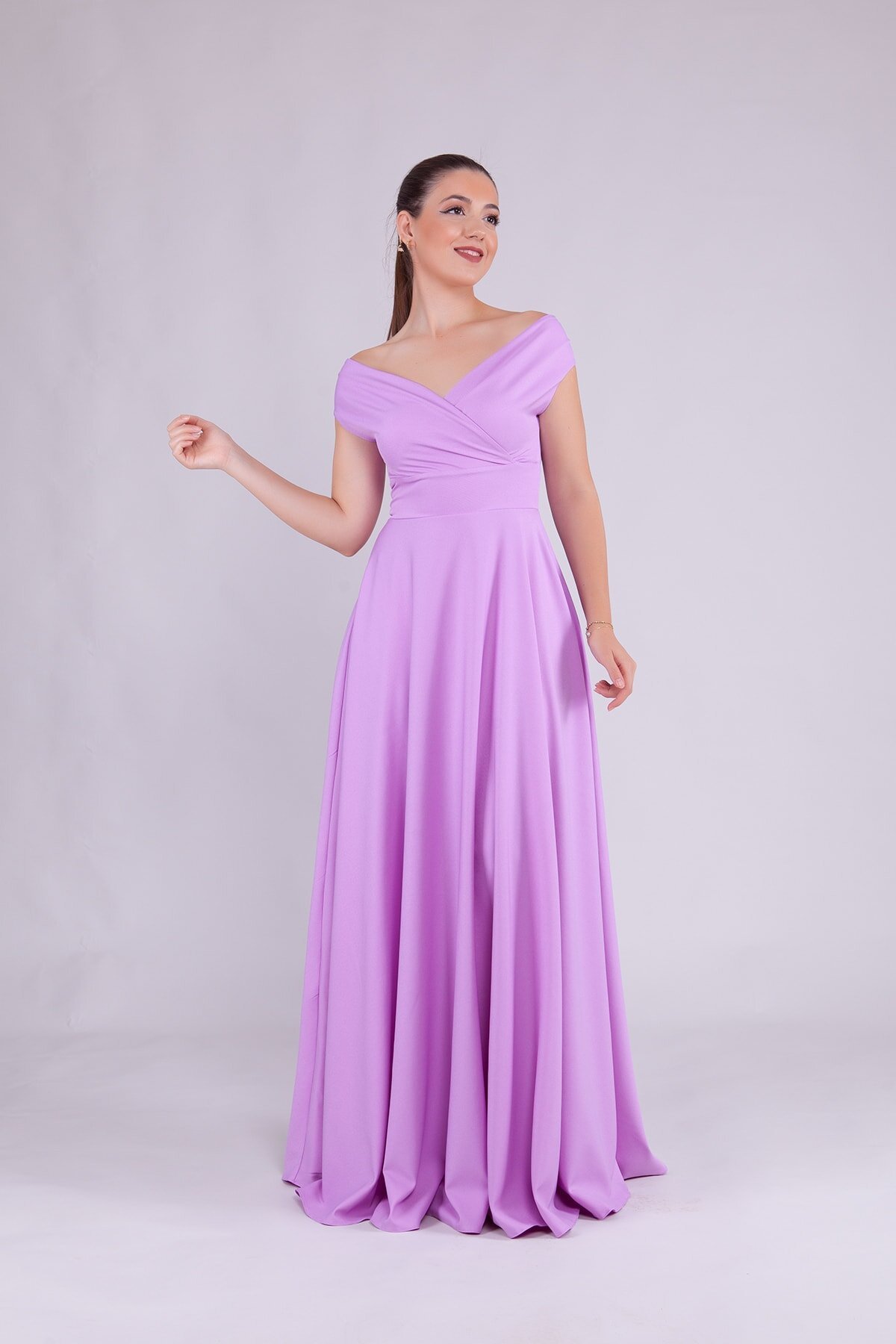 Long Boat-Neck Evening Dress - Lilac - Bidoluelbise