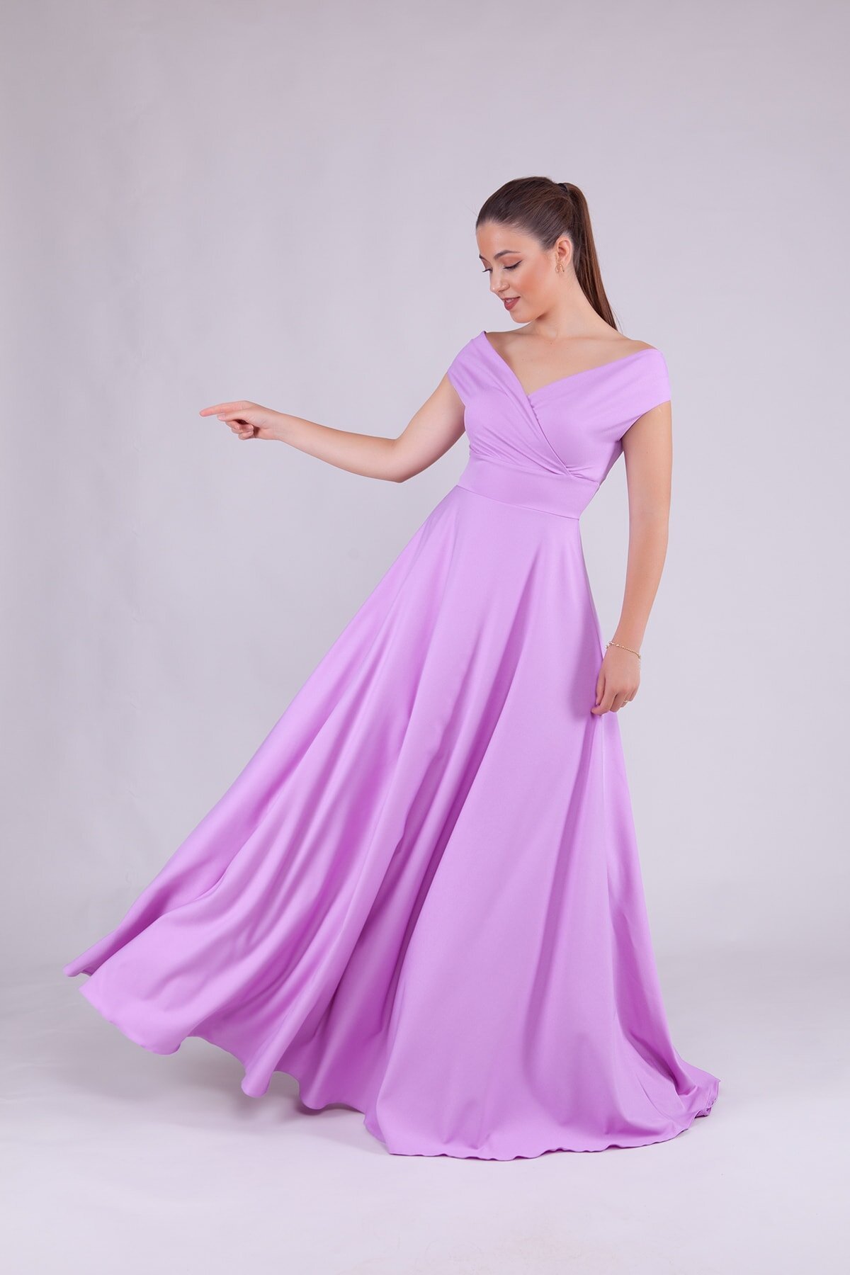 Long Boat-Neck Evening Dress - Lilac - Bidoluelbise