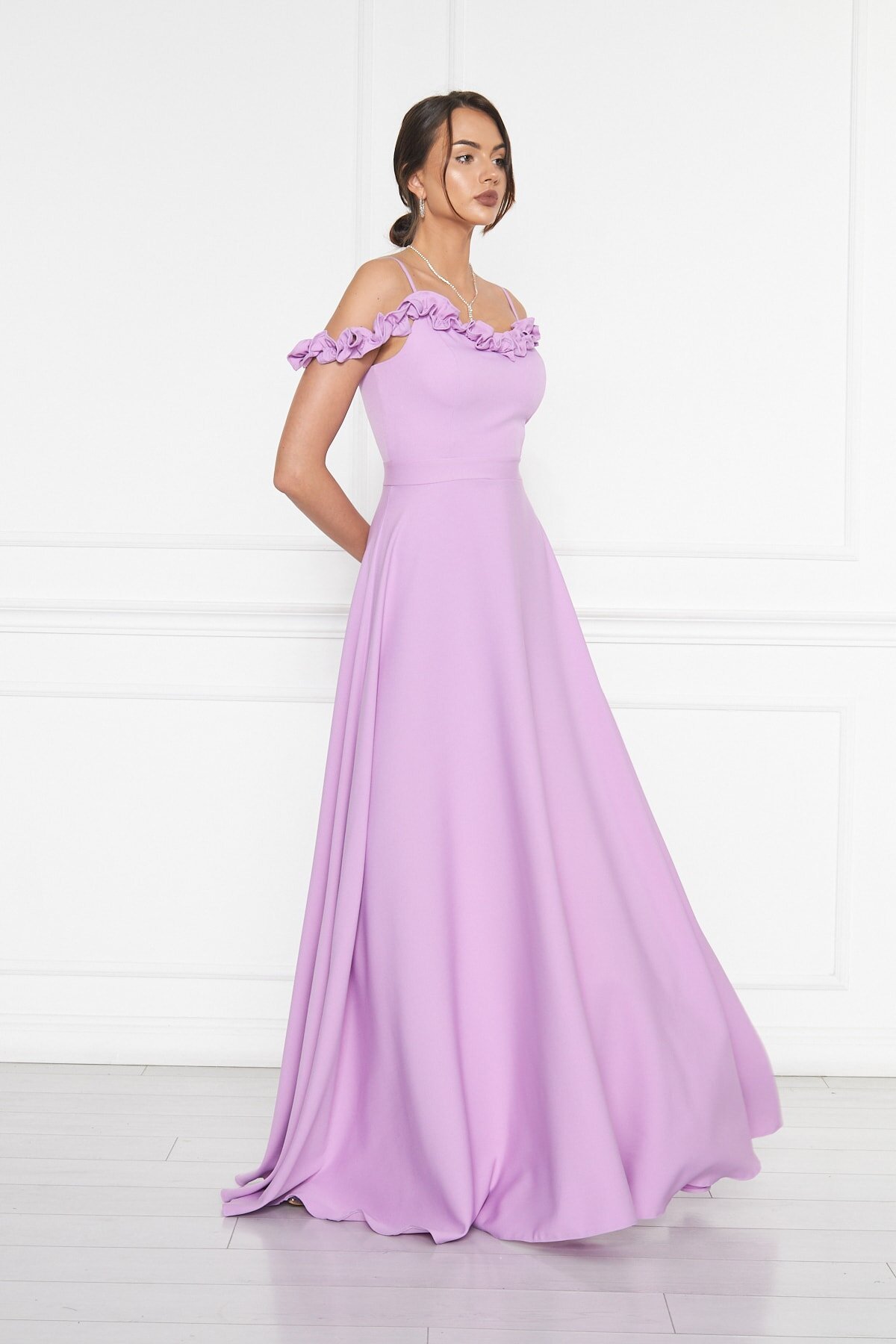 Long Flared Ruffle-Detail Adjustable-Strap Evening Dress - Lilac - Bidoluelbise