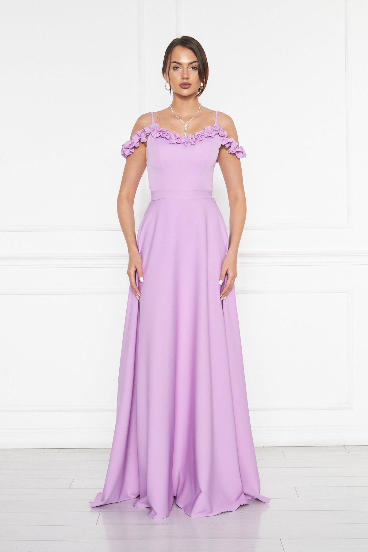 Long Flared Ruffle-Detail Adjustable-Strap Evening Dress - Lilac - Bidoluelbise