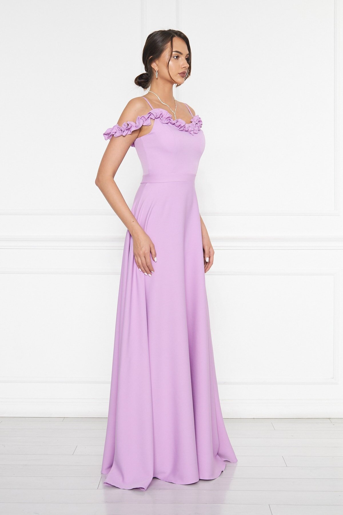 Long Flared Ruffle-Detail Adjustable-Strap Evening Dress - Lilac - Bidoluelbise