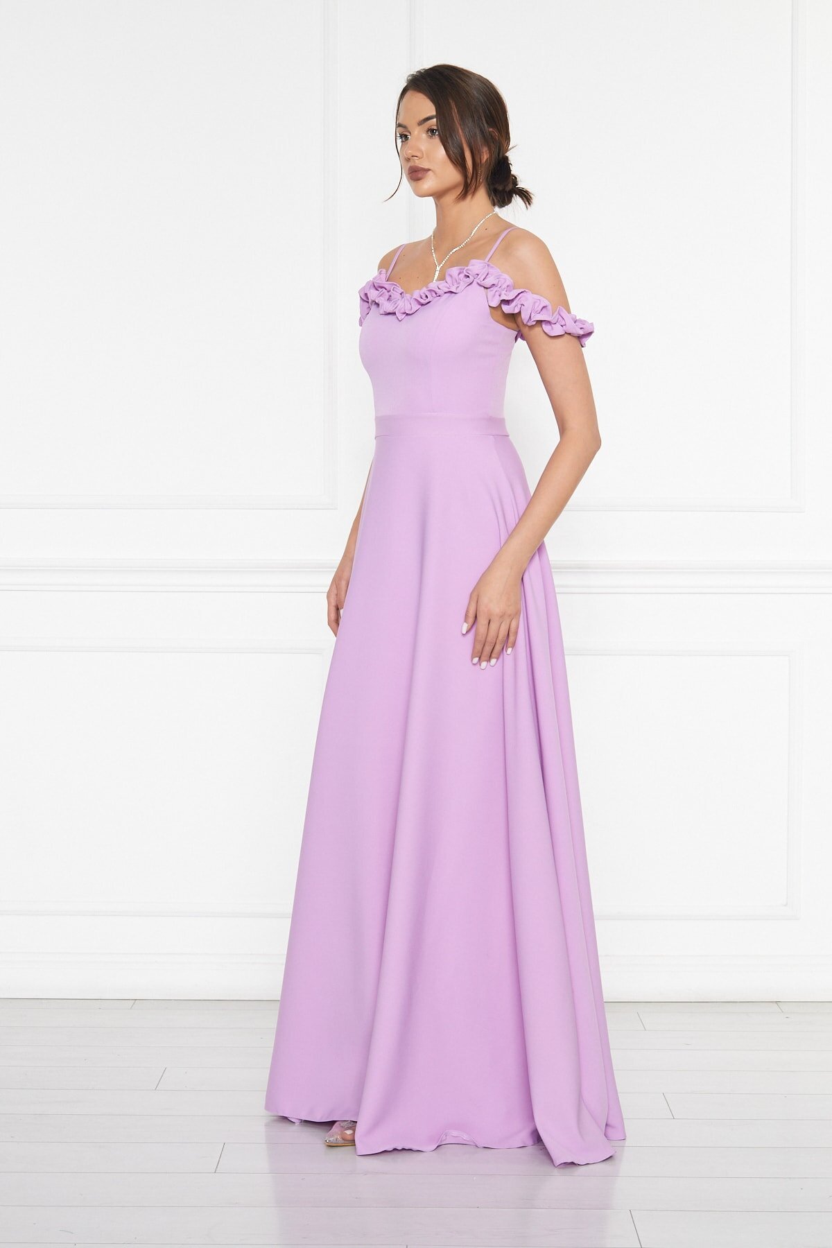 Long Flared Ruffle-Detail Adjustable-Strap Evening Dress - Lilac - Bidoluelbise