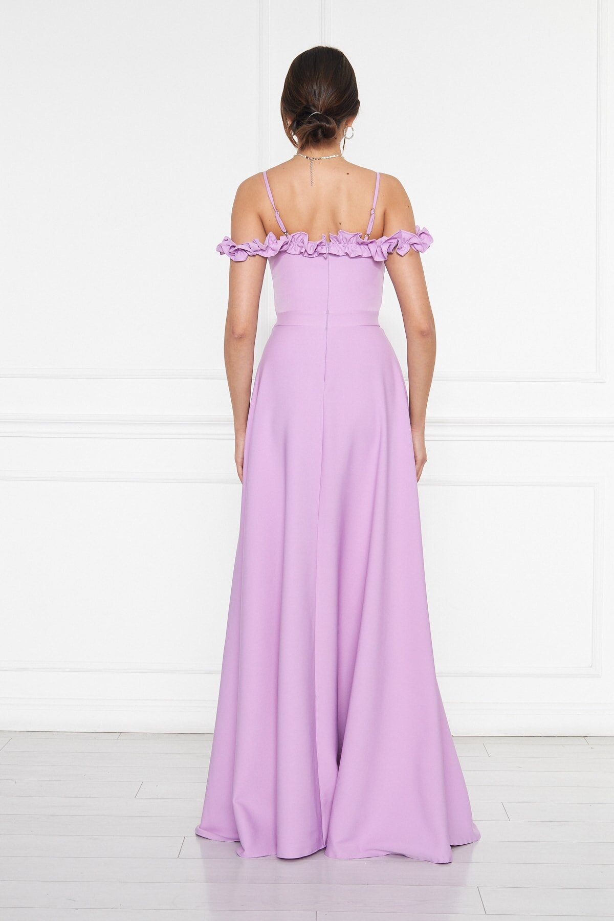 Long Flared Ruffle-Detail Adjustable-Strap Evening Dress - Lilac - Bidoluelbise