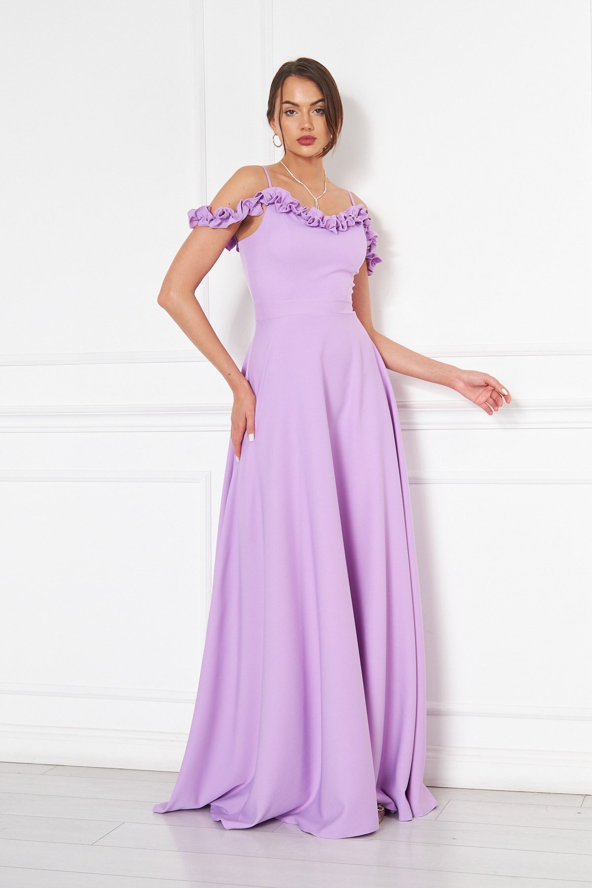 Long Flared Ruffle-Detail Adjustable-Strap Evening Dress - Lilac - Bidoluelbise