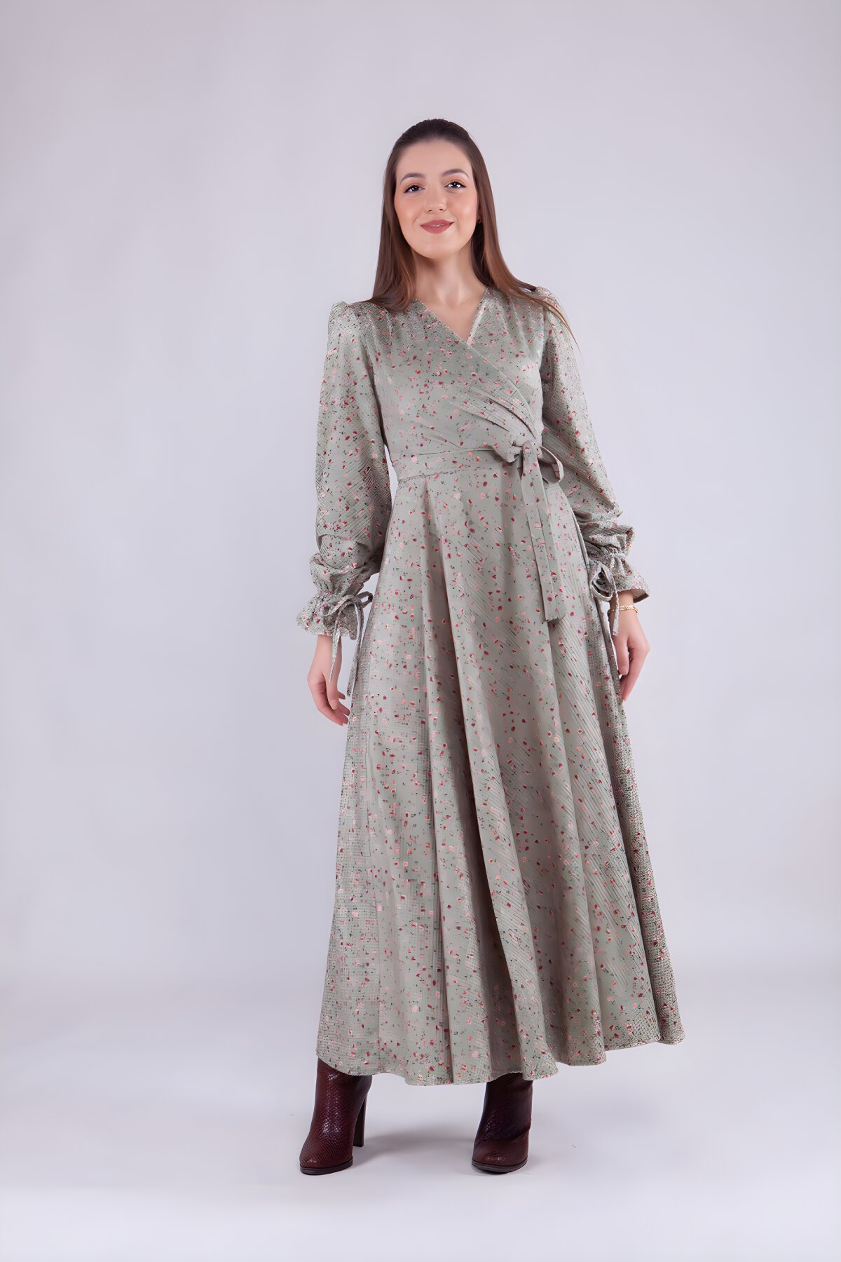 Long Sleeve Floral Patterned Velvet Wrap Neck Modest Dress - Mint Green - Bidoluelbise