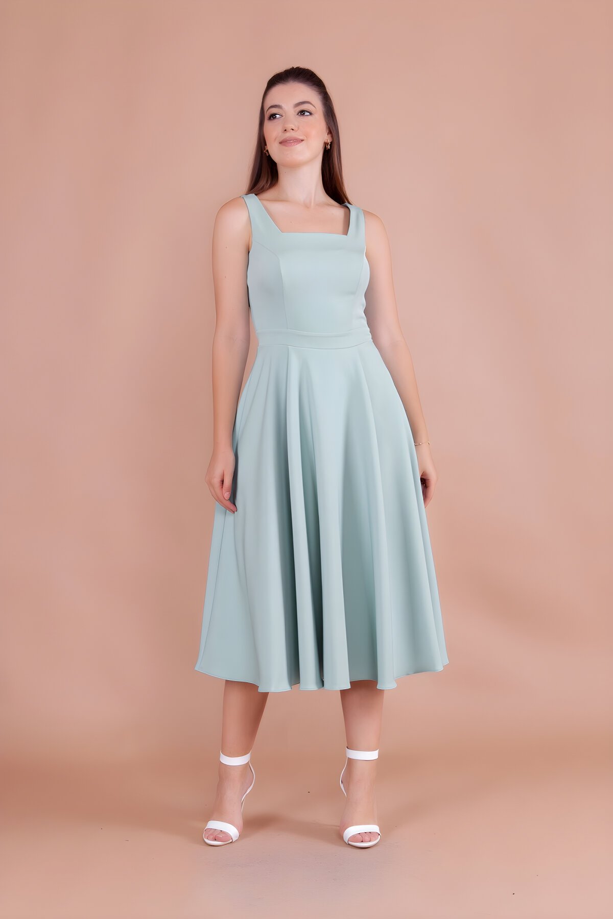 Midi Square-Neck Dress - Mint Green - Bidoluelbise