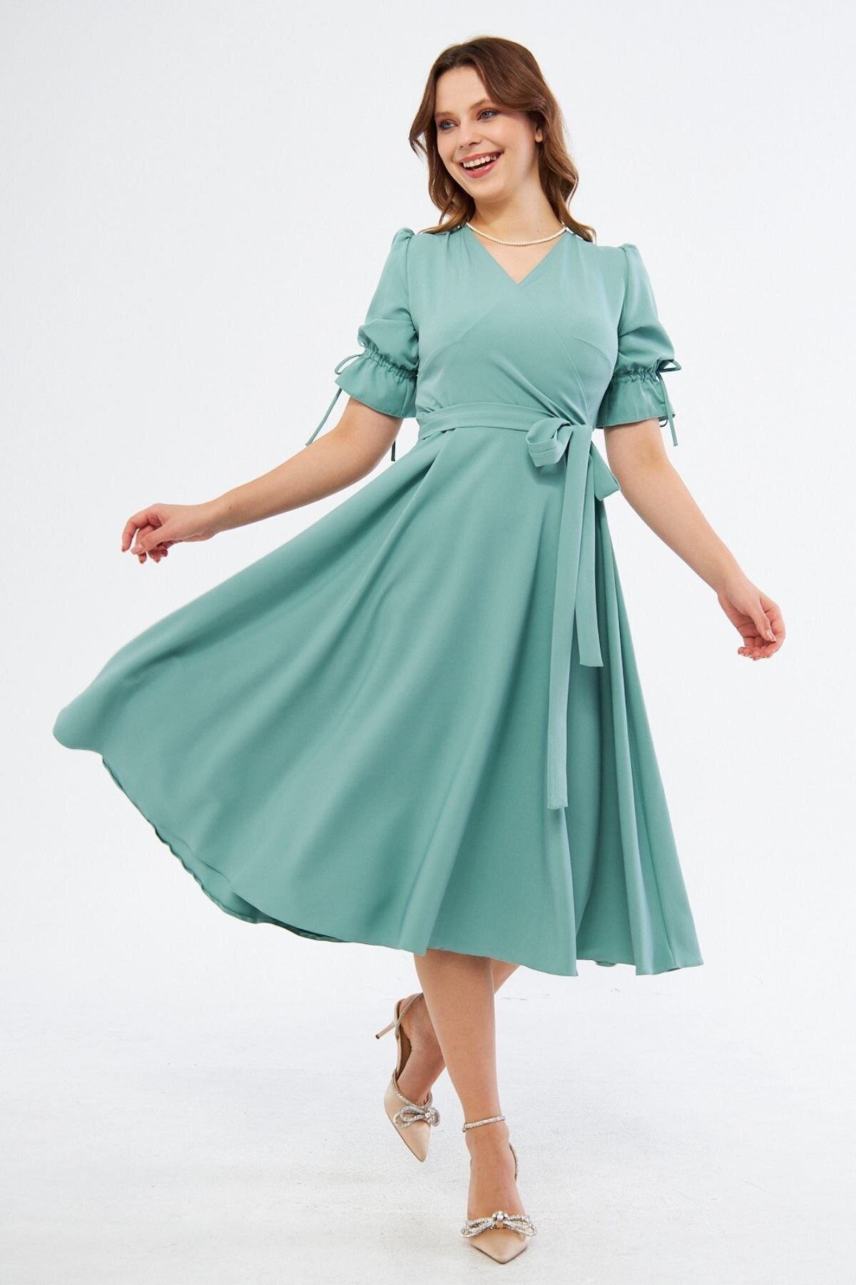 Midi Short-Sleeve Belted Wrap-Neck Dress - Mint Green - Bidoluelbise