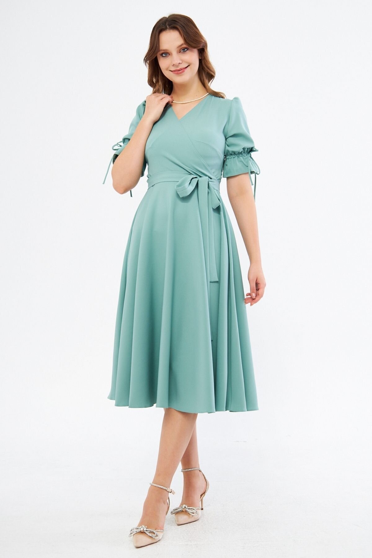 Midi Short-Sleeve Belted Wrap-Neck Dress - Mint Green - Bidoluelbise