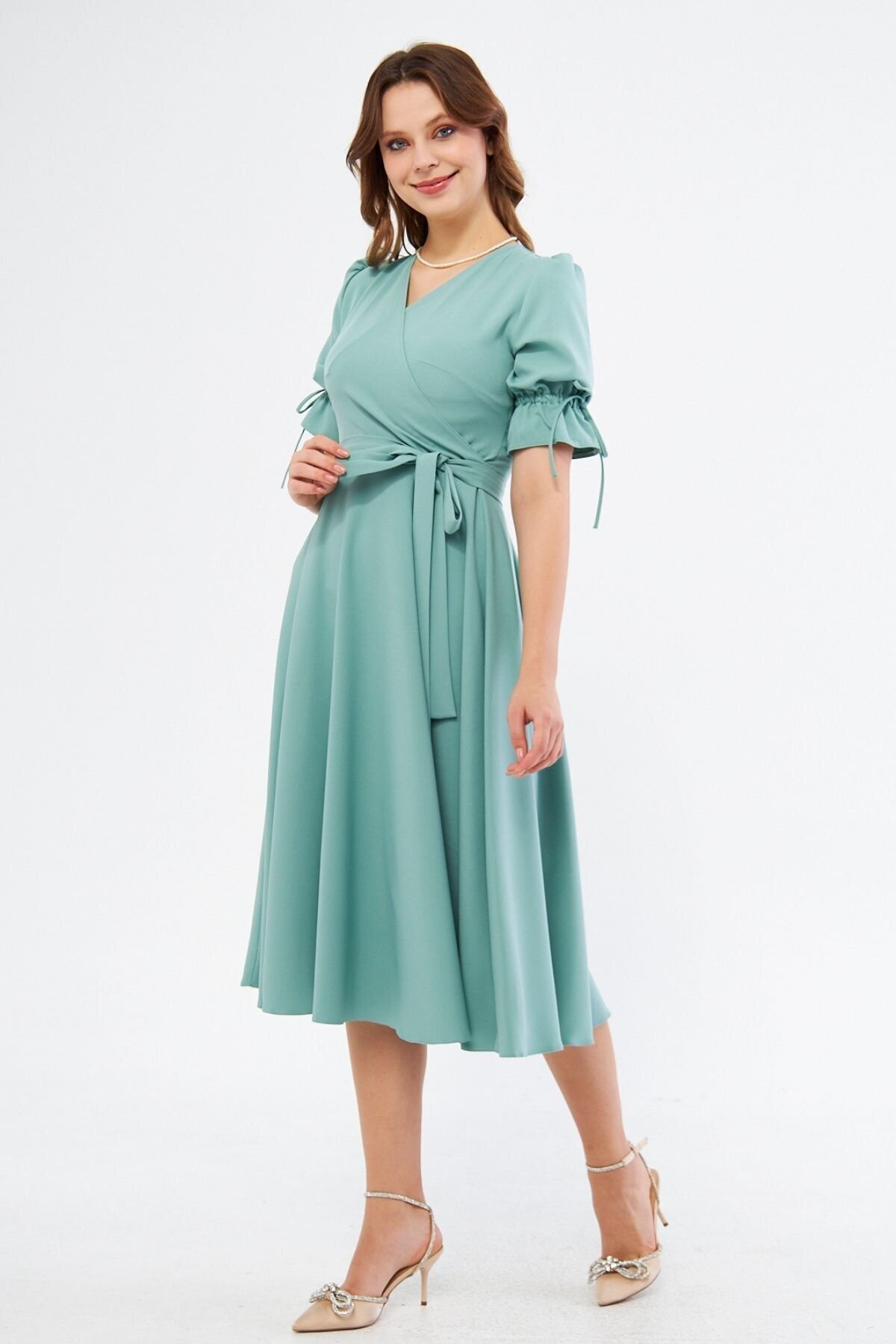Midi Short-Sleeve Belted Wrap-Neck Dress - Mint Green - Bidoluelbise