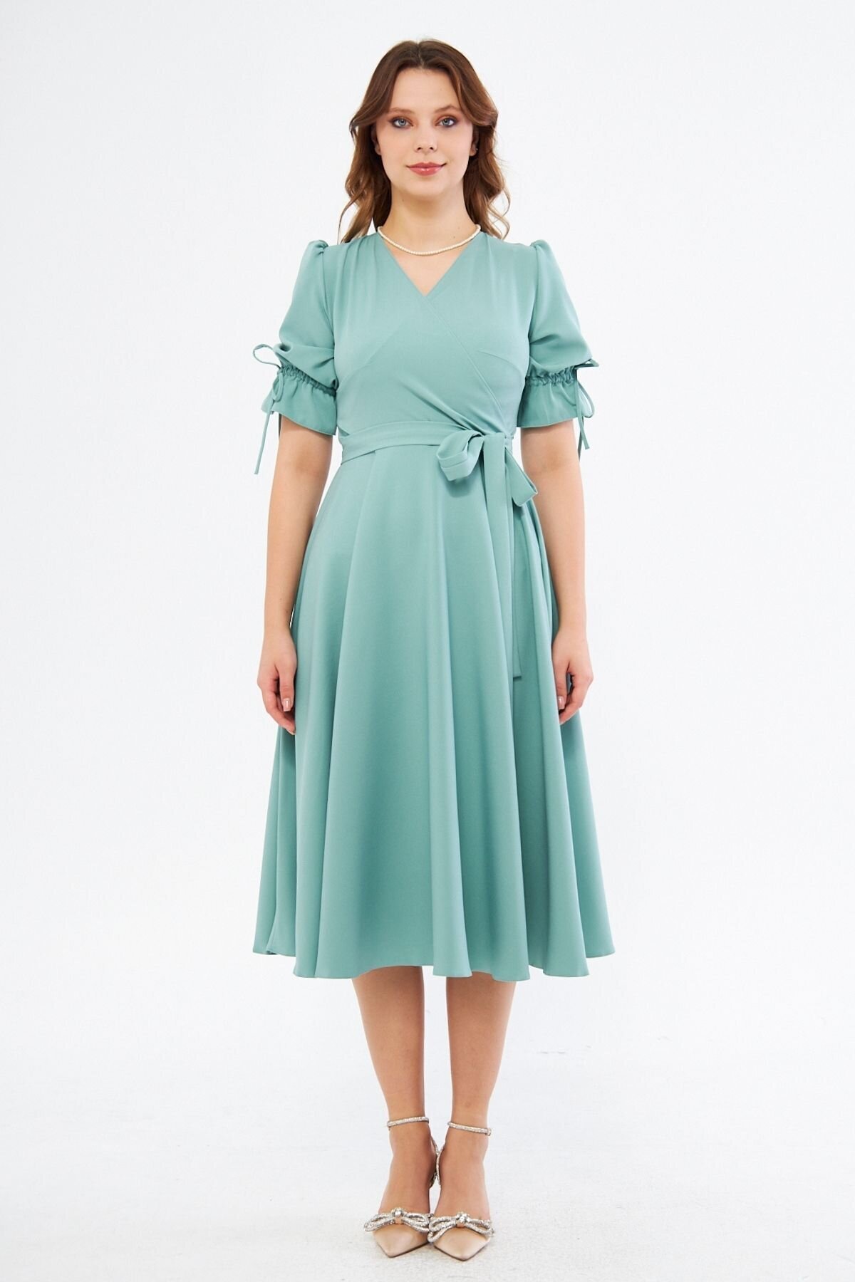 Midi Short-Sleeve Belted Wrap-Neck Dress - Mint Green - Bidoluelbise