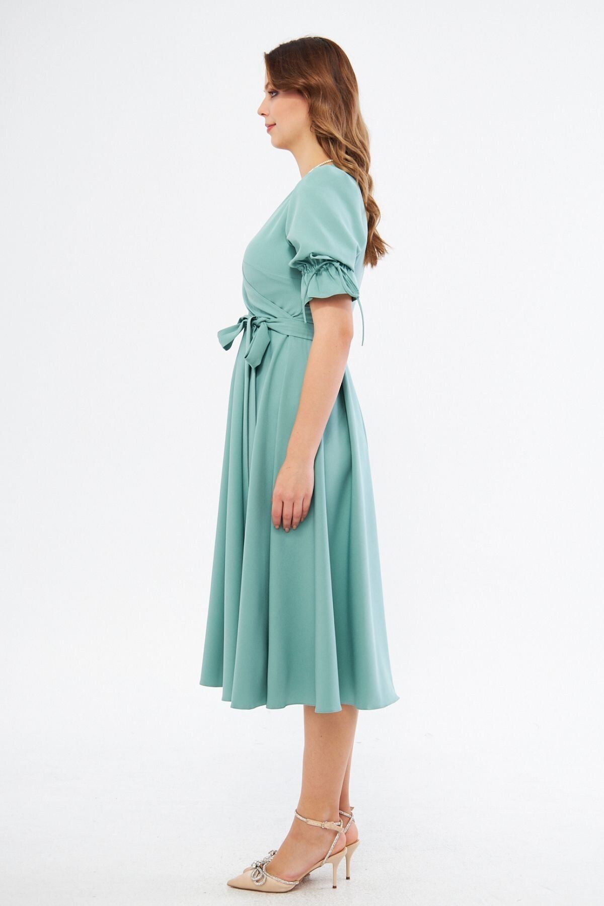 Midi Short-Sleeve Belted Wrap-Neck Dress - Mint Green - Bidoluelbise