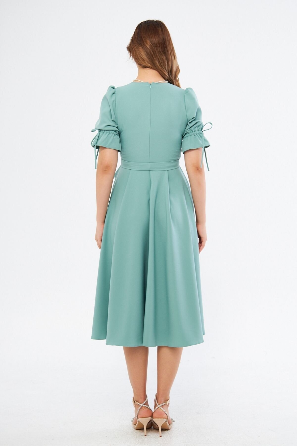 Midi Short-Sleeve Belted Wrap-Neck Dress - Mint Green - Bidoluelbise
