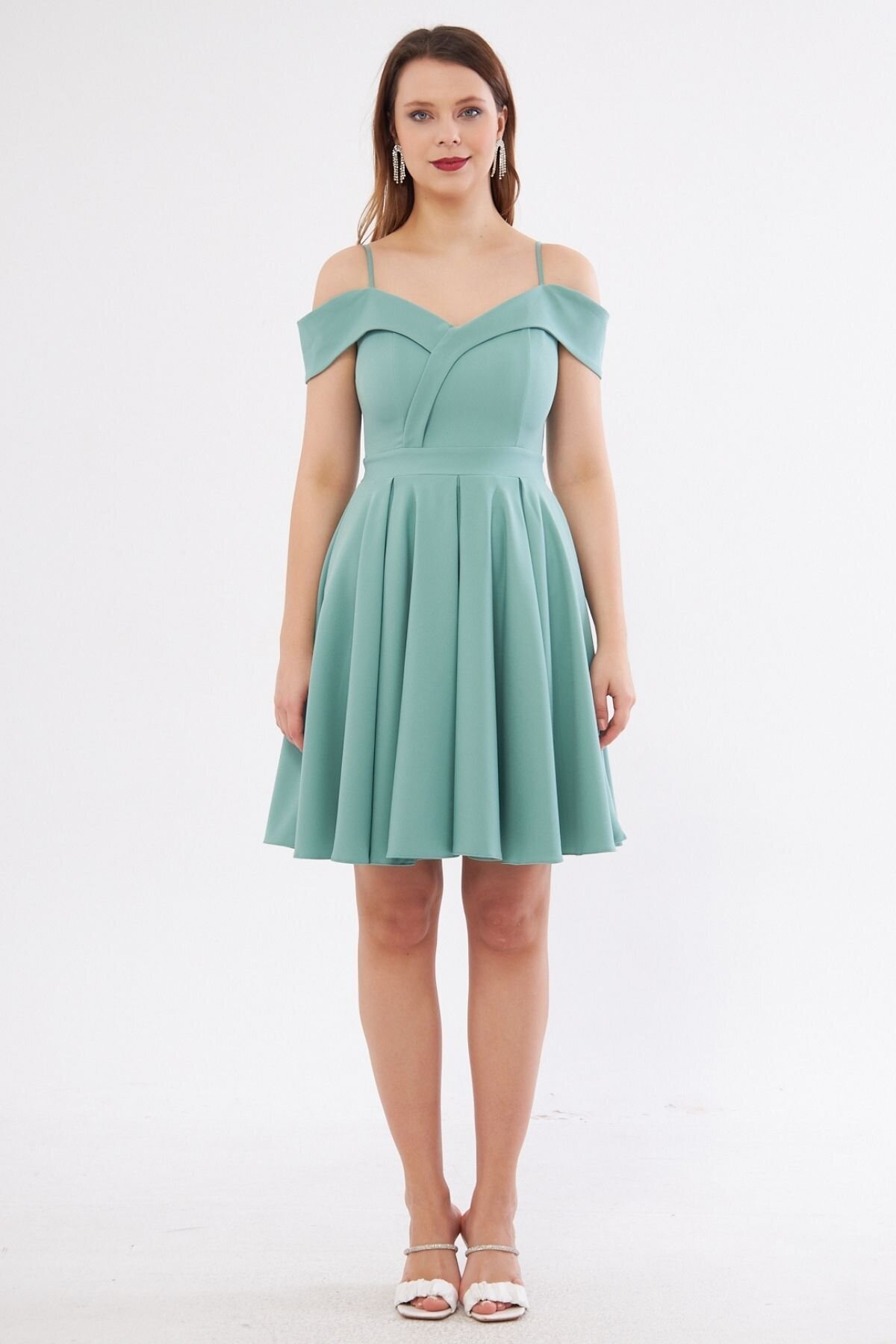 Mini Flared Pleated Strappy Boat-Neck Evening Dress - Mint Green - Bidoluelbise