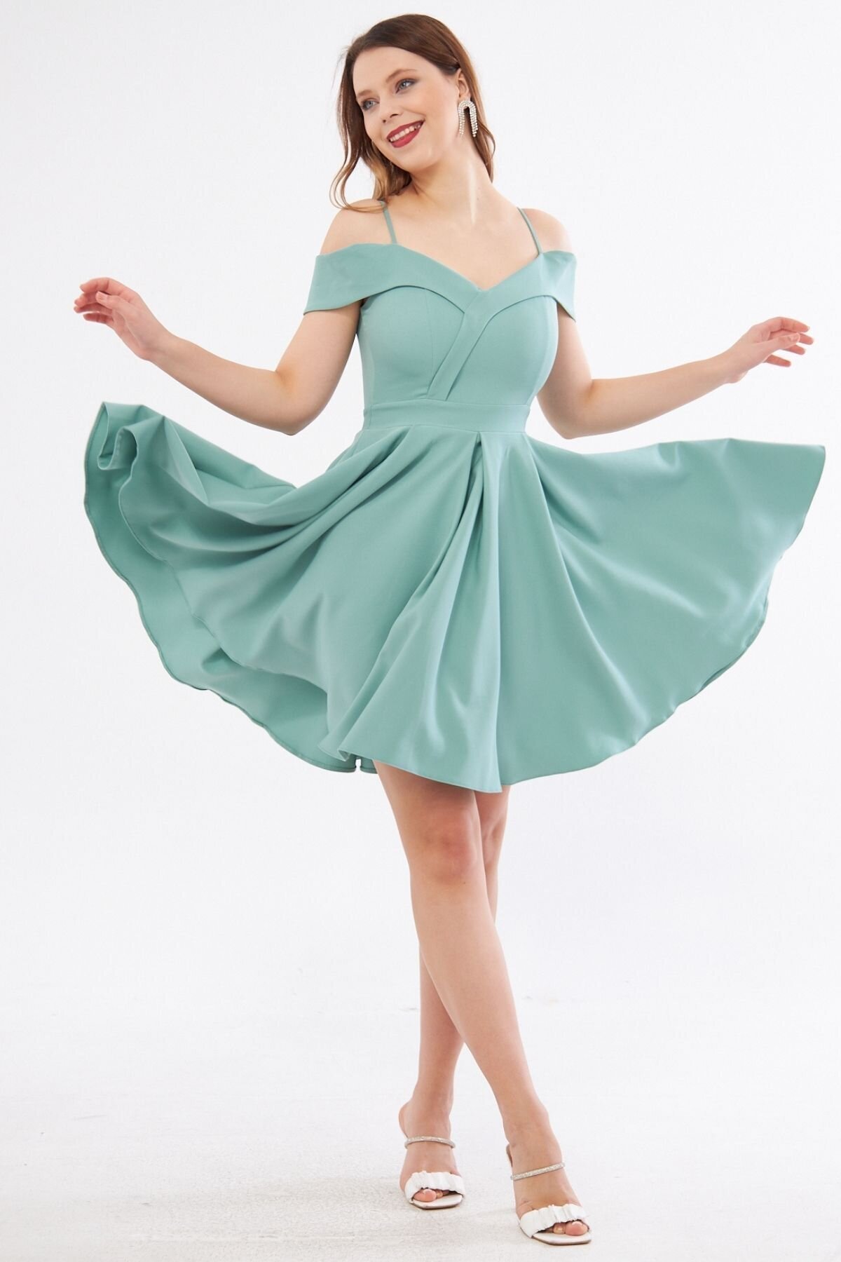 Mini Flared Pleated Strappy Boat-Neck Evening Dress - Mint Green - Bidoluelbise