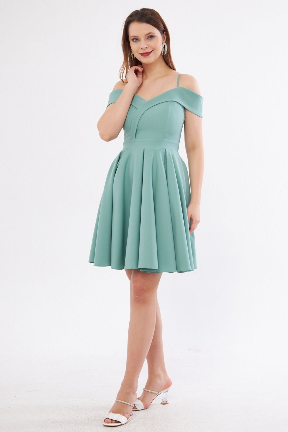 Mini Flared Pleated Strappy Boat-Neck Evening Dress - Mint Green - Bidoluelbise