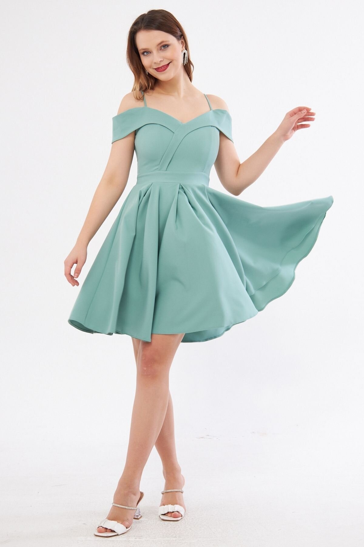 Mini Flared Pleated Strappy Boat-Neck Evening Dress - Mint Green - Bidoluelbise