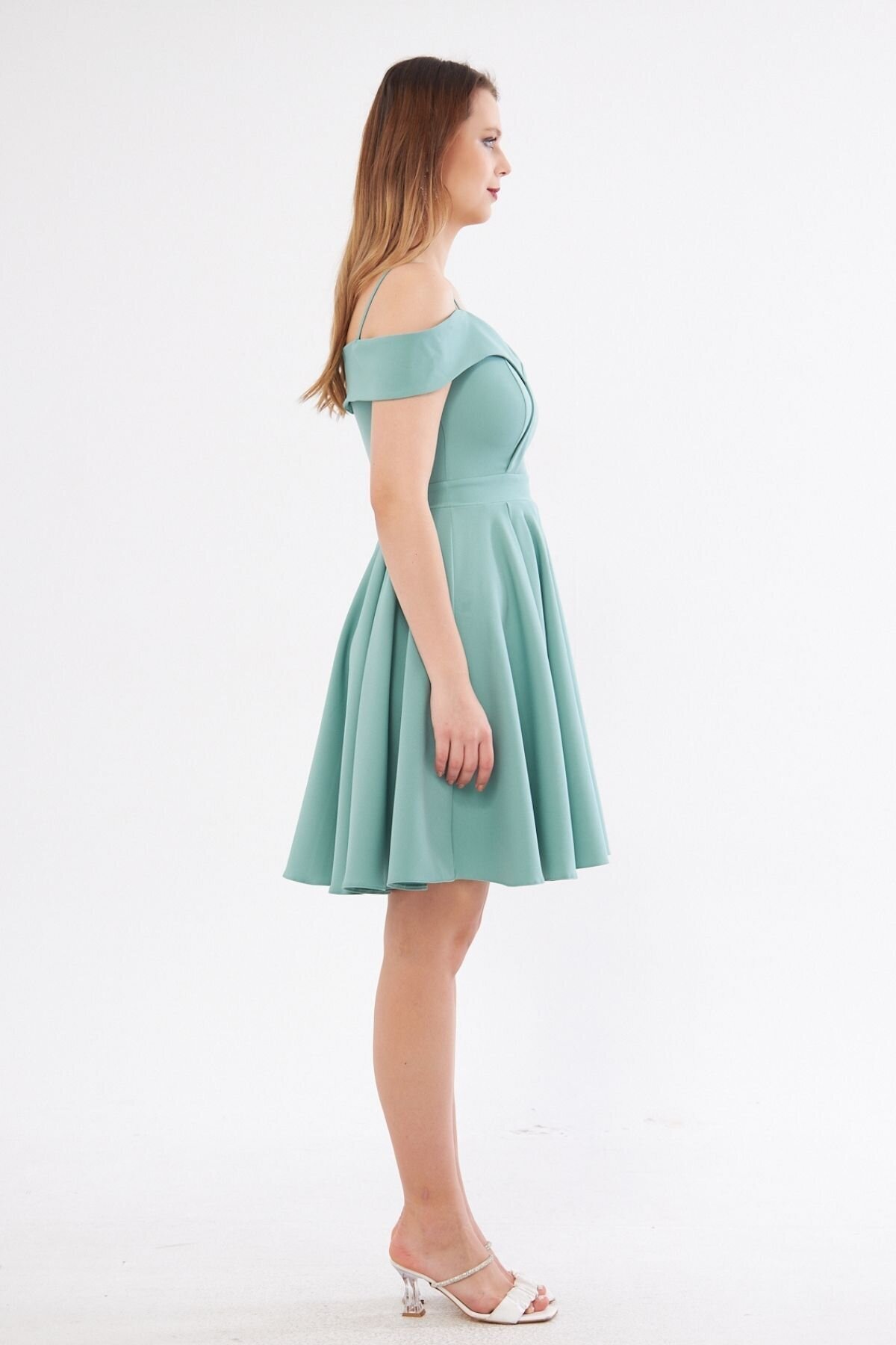Mini Flared Pleated Strappy Boat-Neck Evening Dress - Mint Green - Bidoluelbise