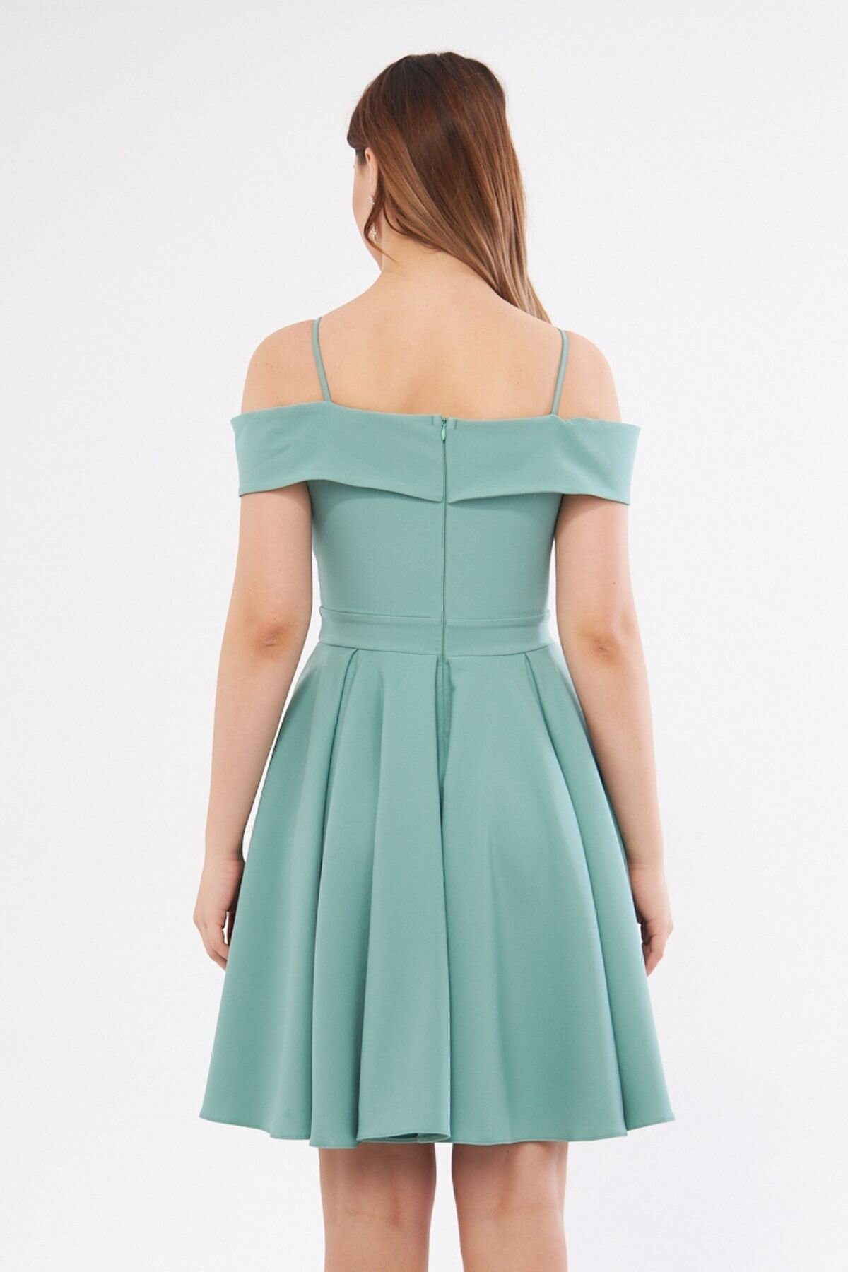 Mini Flared Pleated Strappy Boat-Neck Evening Dress - Mint Green - Bidoluelbise