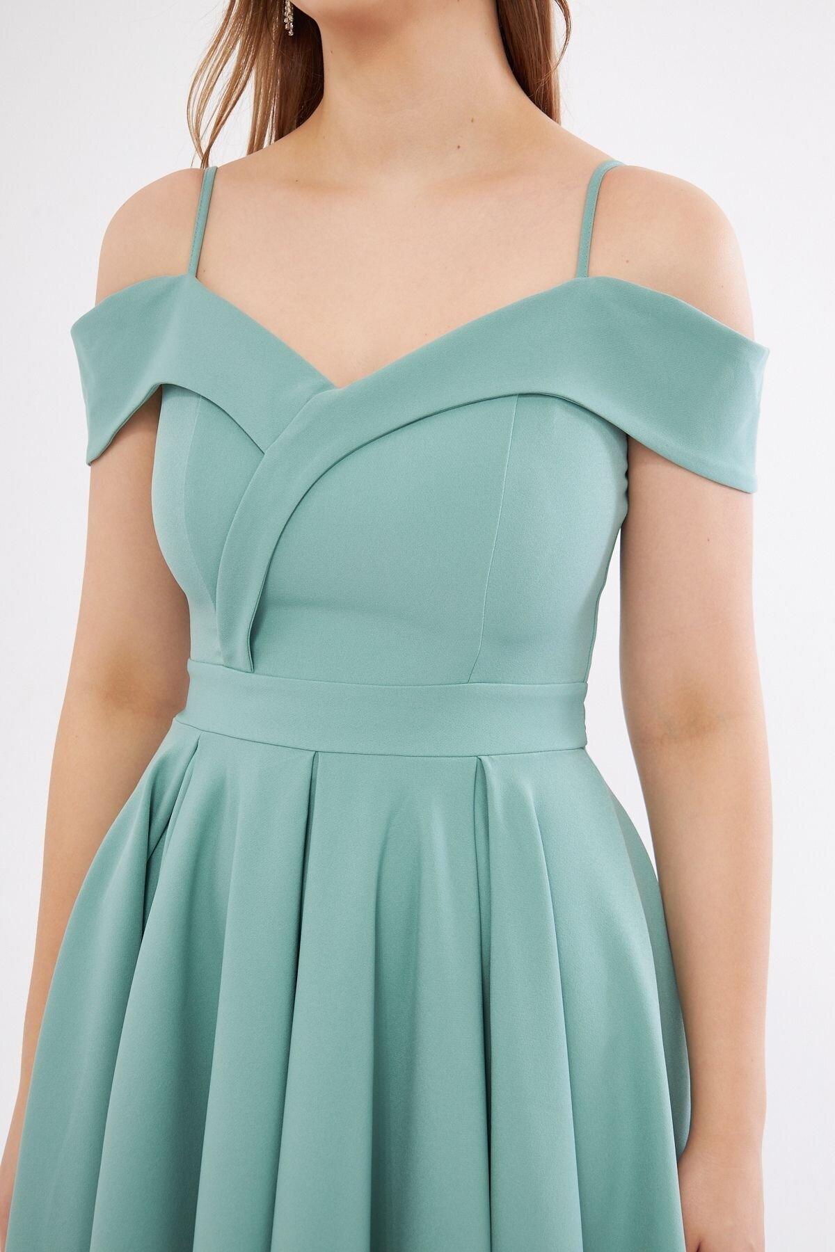 Mini Flared Pleated Strappy Boat-Neck Evening Dress - Mint Green - Bidoluelbise