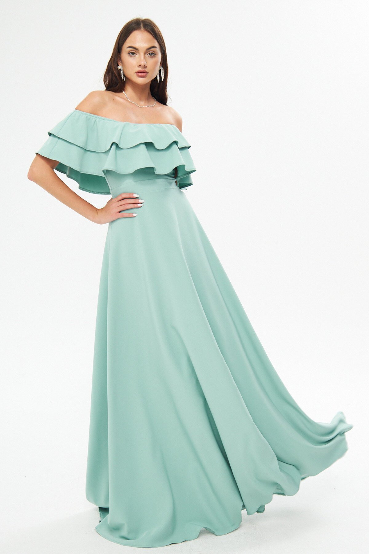 Long Flared Drop Shoulder Double Ruffle Detail Evening Dress - Mint Green - Bidoluelbise
