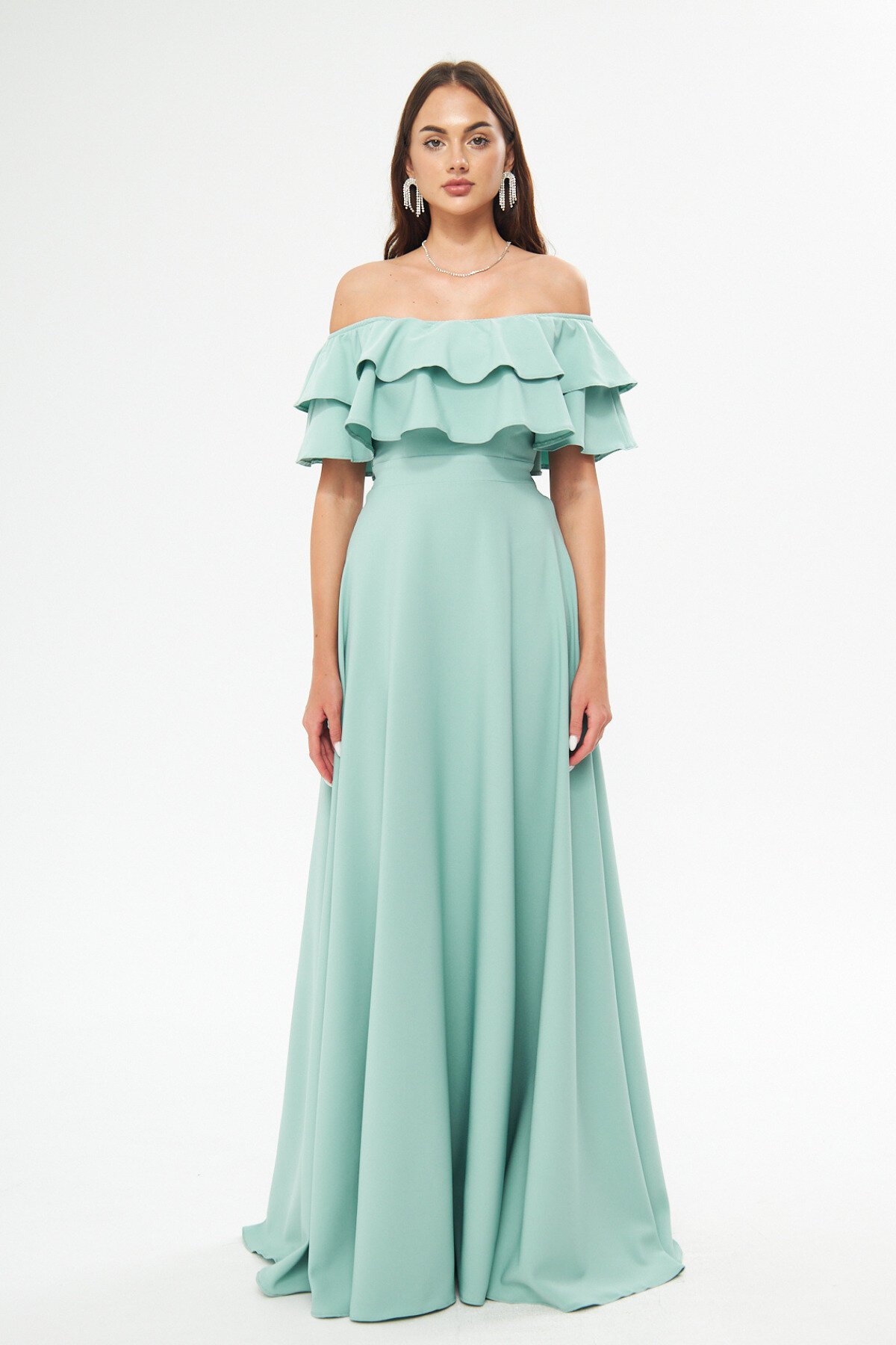 Long Flared Drop Shoulder Double Ruffle Detail Evening Dress - Mint Green - Bidoluelbise