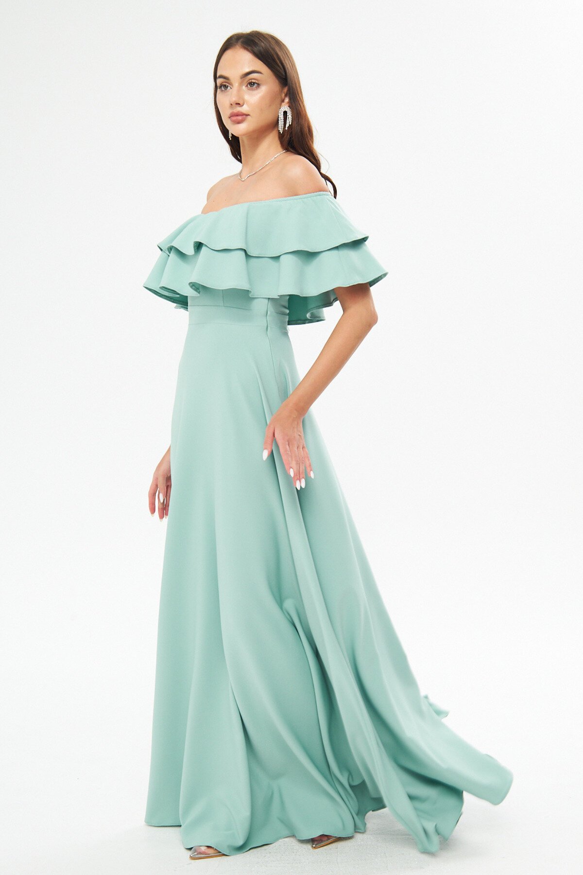 Long Flared Drop Shoulder Double Ruffle Detail Evening Dress - Mint Green - Bidoluelbise