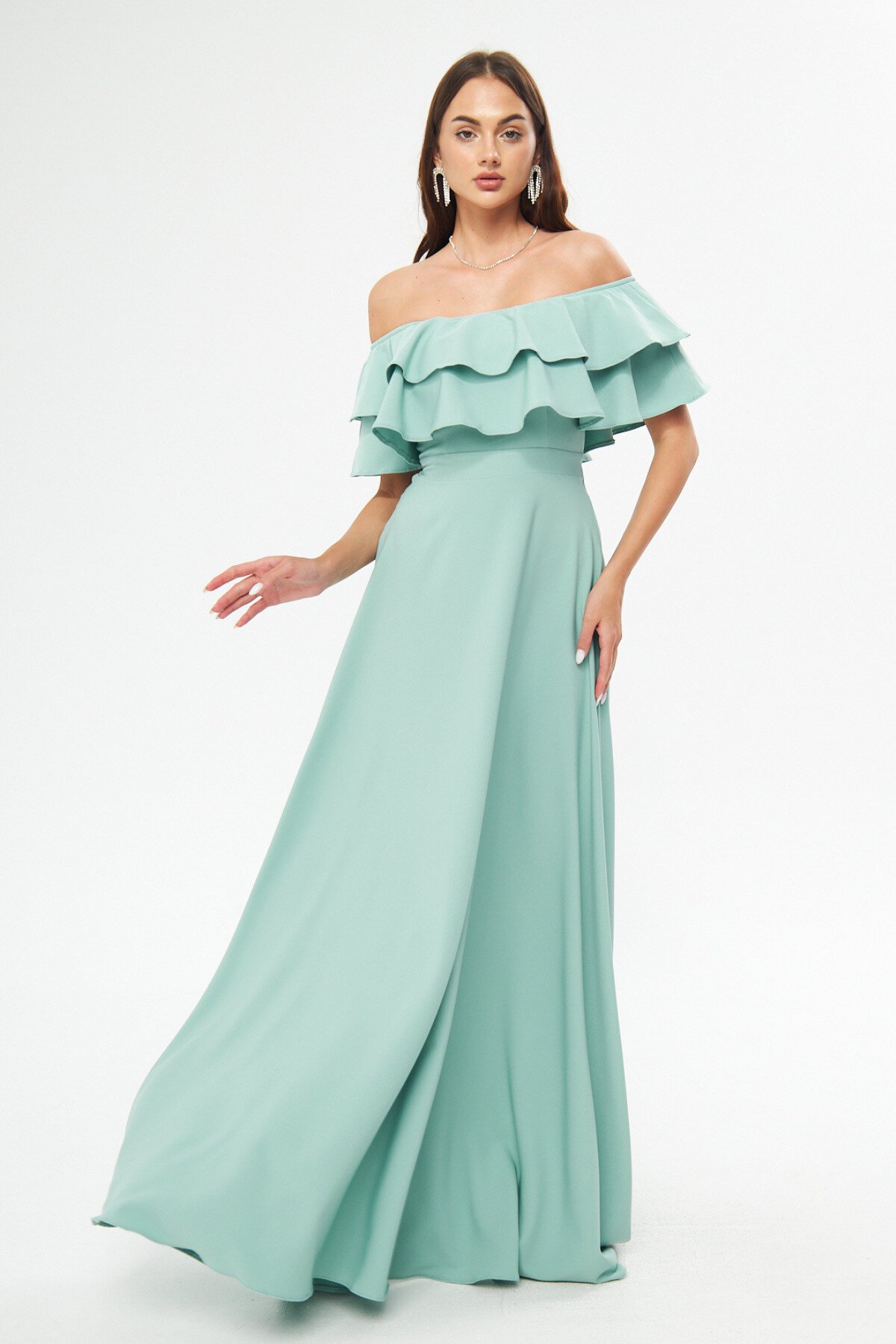 Long Flared Drop Shoulder Double Ruffle Detail Evening Dress - Mint Green - Bidoluelbise