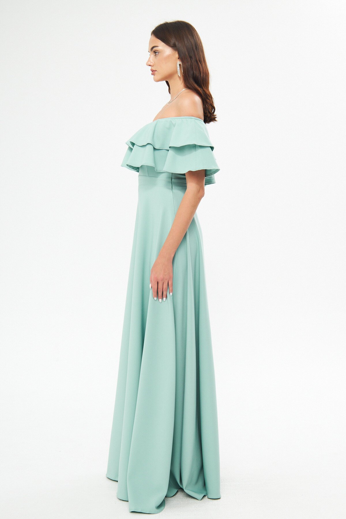 Long Flared Drop Shoulder Double Ruffle Detail Evening Dress - Mint Green - Bidoluelbise