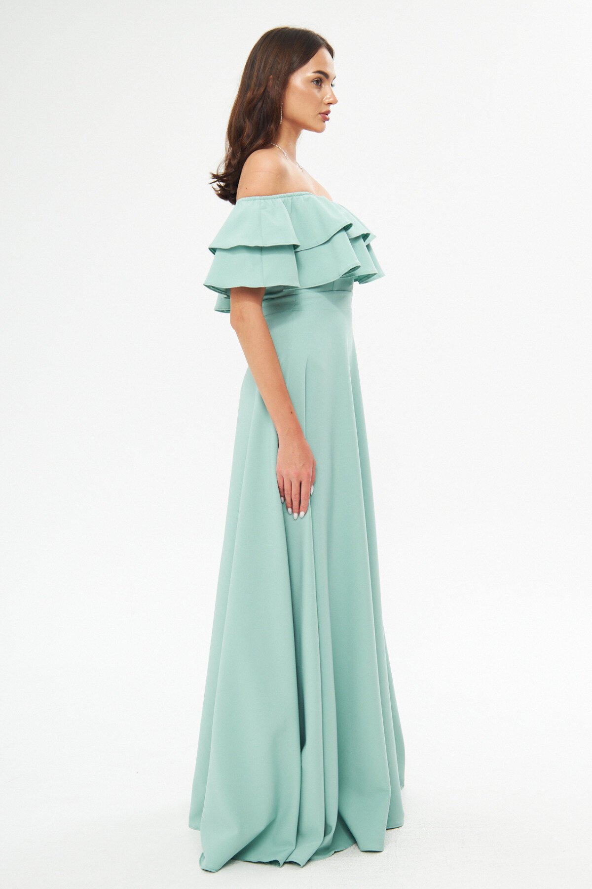 Long Flared Drop Shoulder Double Ruffle Detail Evening Dress - Mint Green - Bidoluelbise